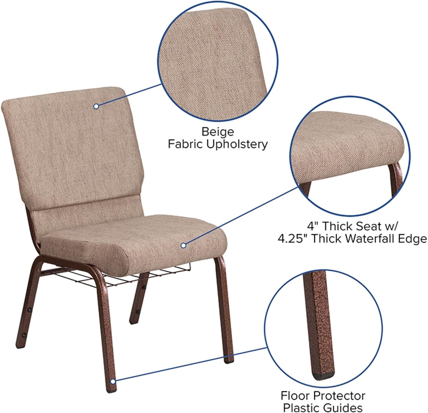 HERCULES Series 18.5''W Church Chair in Beige Fabric with Book Rack - Copper Vein Frame