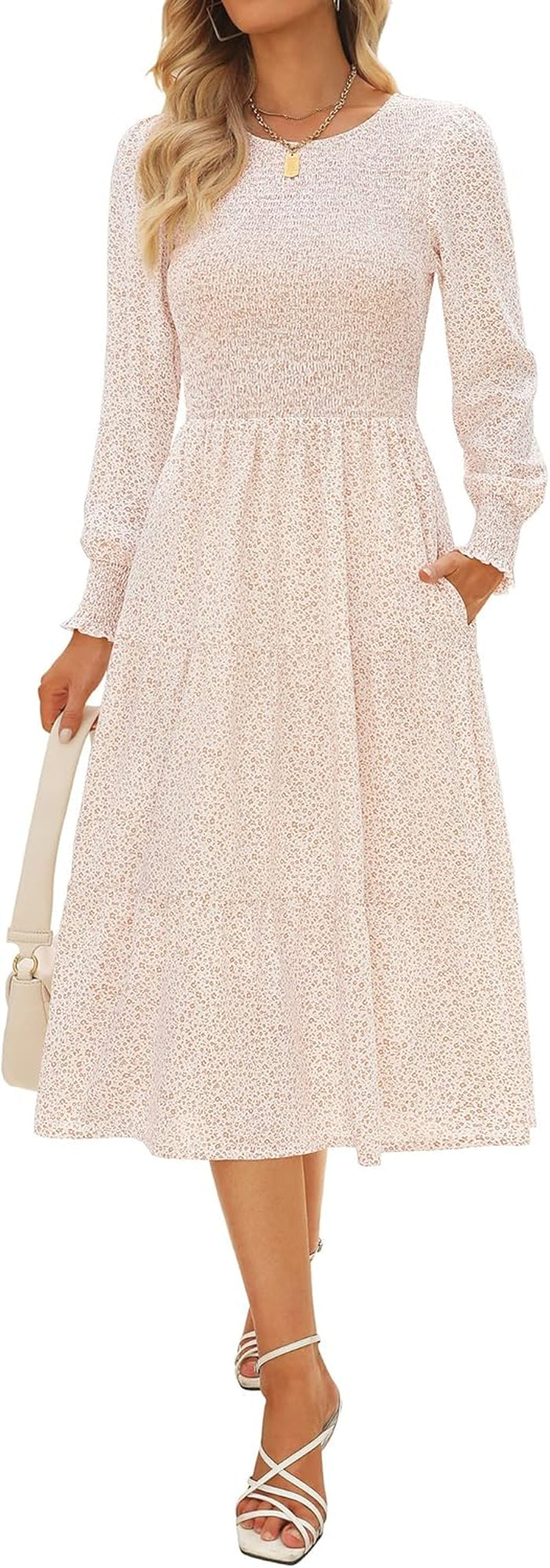 Womens Spring Dresses 2024 Winter Long Sleeve Smocked Bodice and Cuffs Boho Floral Tiered Midi Dress with Pockets