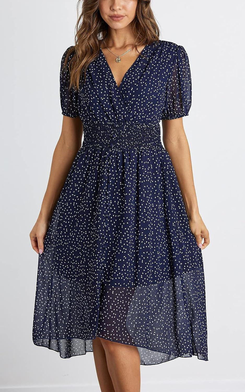 Women'S Floral Wrap V-Neck Midi Dress Short Sleeve Boho Summer Beach Long Dress High Low Hem Smocked Dress Women