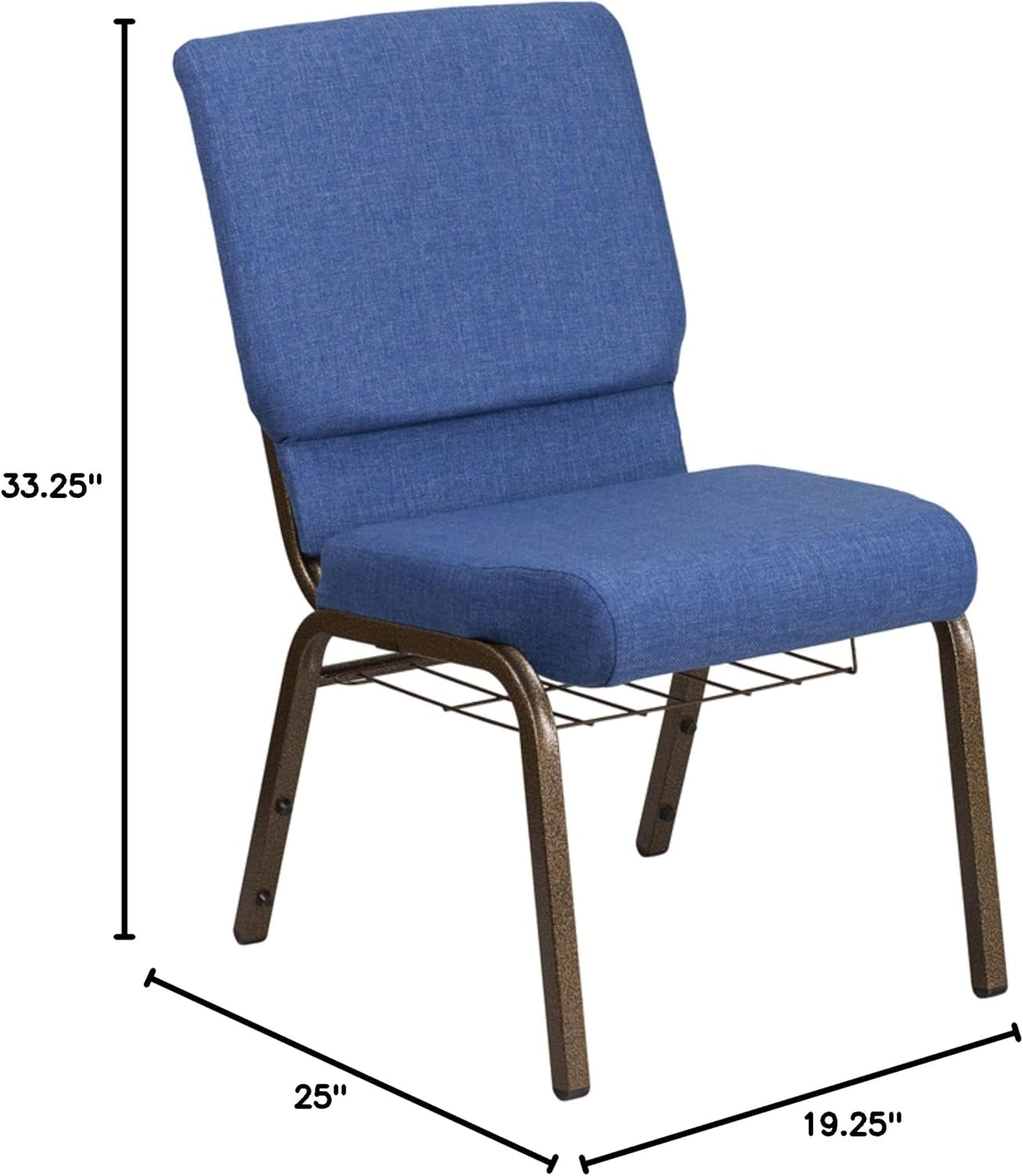 HERCULES Series 18.5''W Church Chair in Blue Fabric with Cup Book Rack - Gold Vein Frame