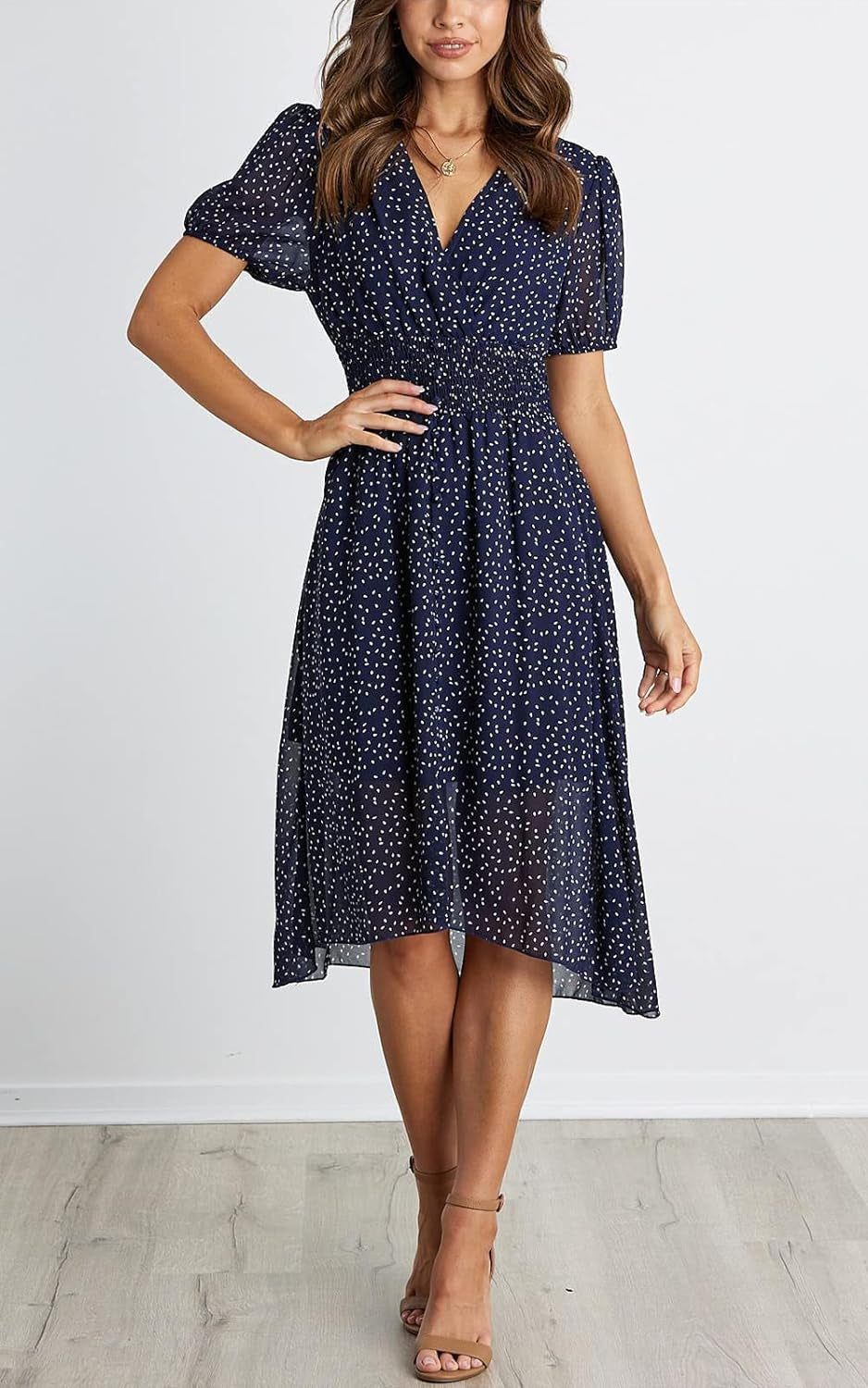 Women'S Floral Wrap V-Neck Midi Dress Short Sleeve Boho Summer Beach Long Dress High Low Hem Smocked Dress Women
