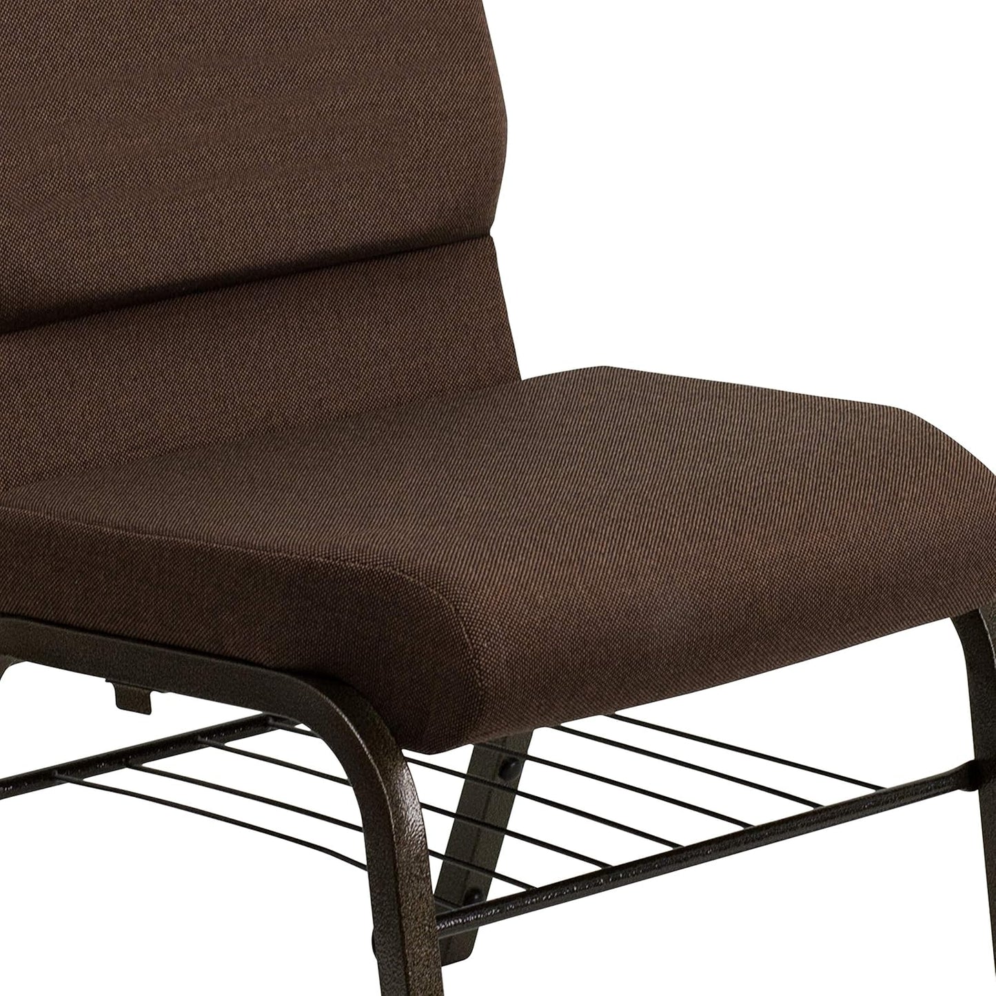HERCULES Series 18.5''W Church Chair in Brown Fabric with Book Rack - Gold Vein Frame