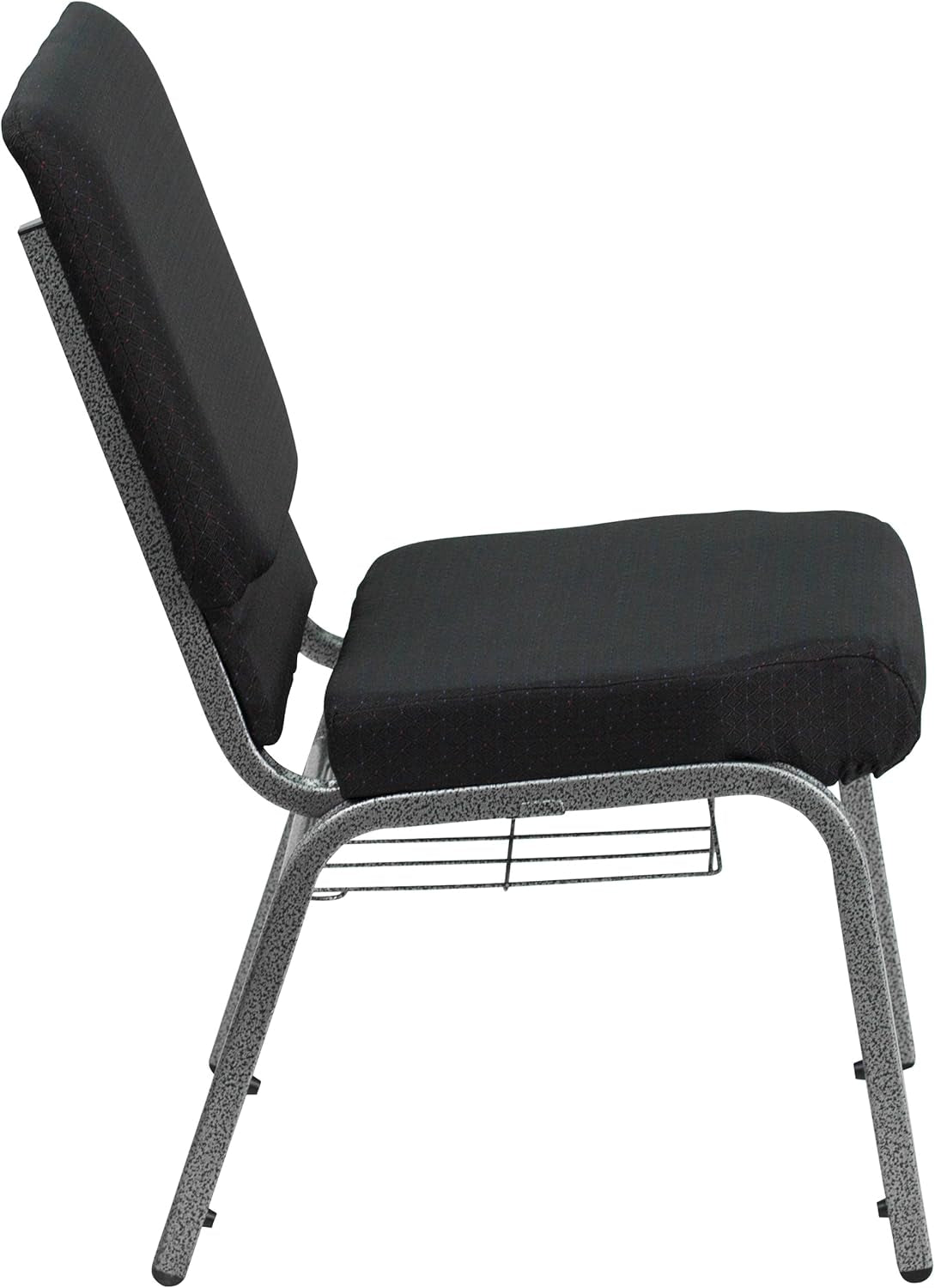 4 Pk. HERCULES Series 18.5''W Church Chair in Black Patterned Fabric with Cup Book Rack - Silver Vein Frame
