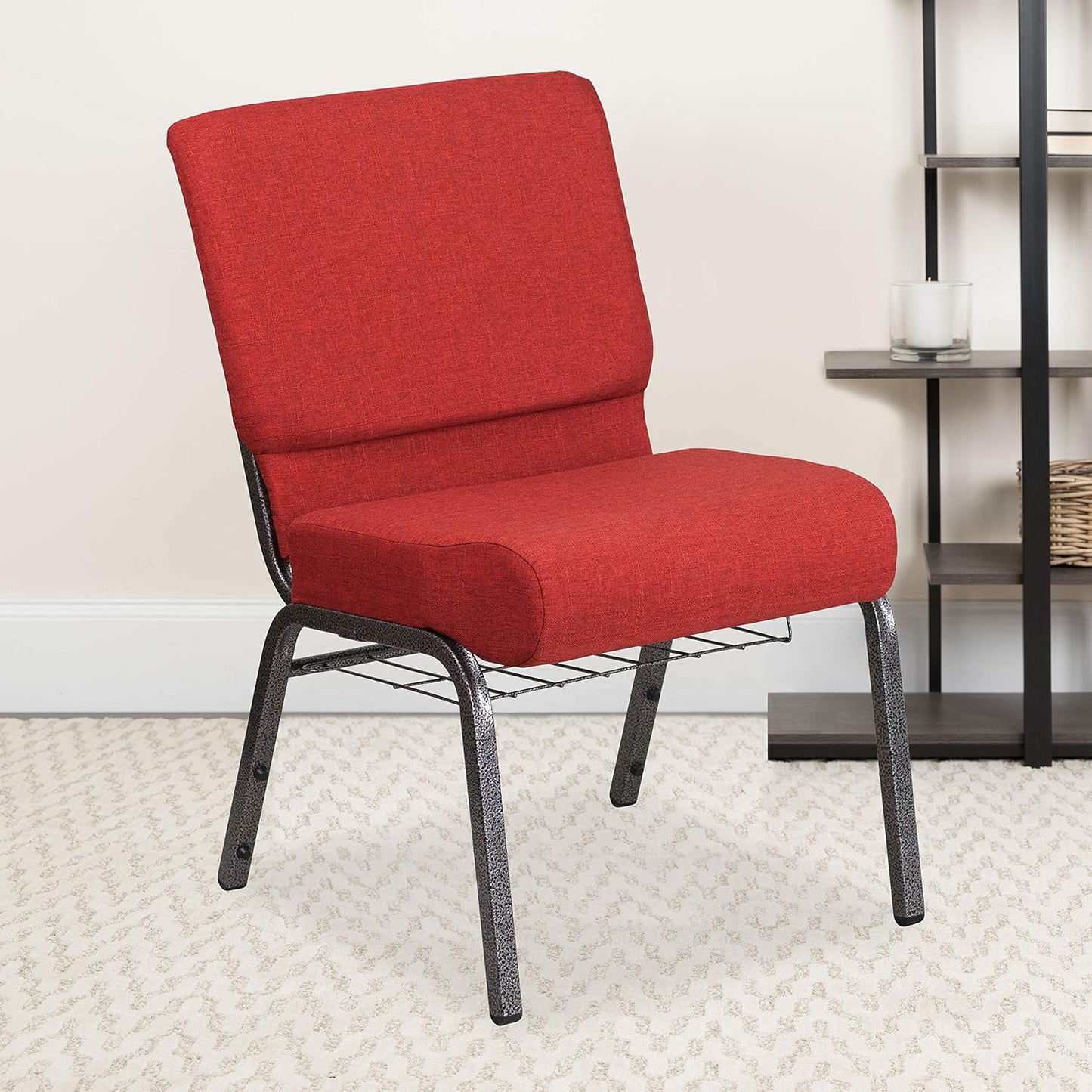 HERCULES Series 21''W Church Chair in Crimson Fabric with Cup Book Rack - Silver Vein Frame