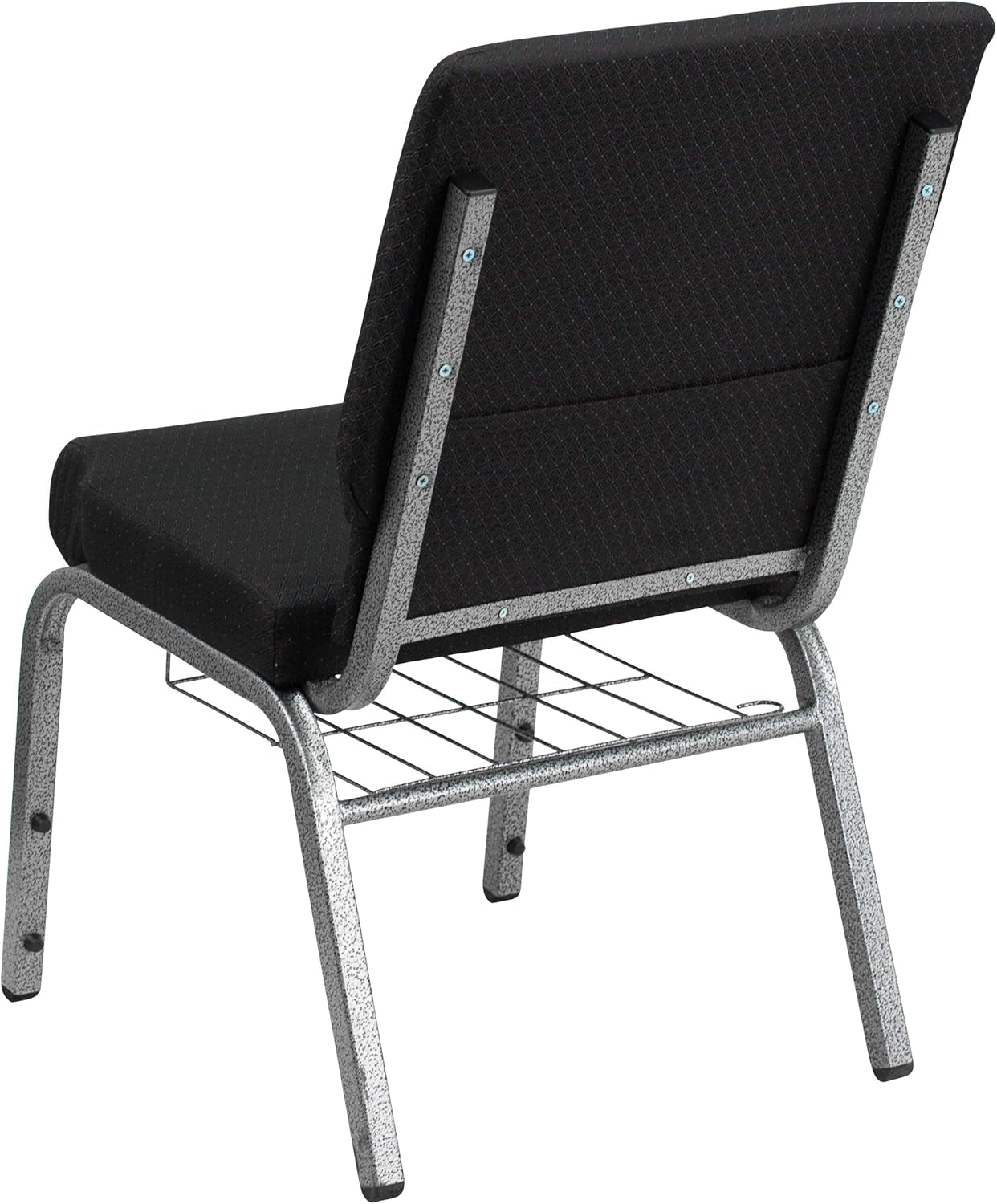 4 Pk. HERCULES Series 18.5''W Church Chair in Black Patterned Fabric with Cup Book Rack - Silver Vein Frame