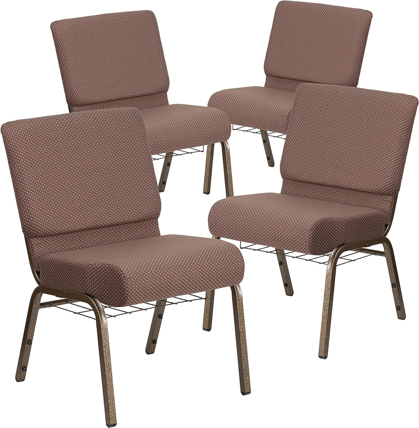 4 Pack HERCULES Series 21''W Church Chair in Brown Dot Fabric with Book Rack - Gold Vein Frame