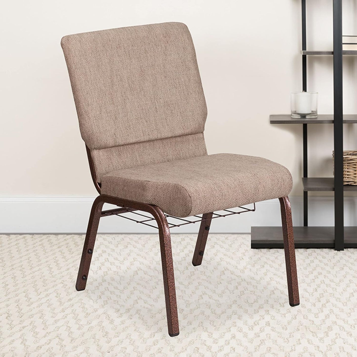 HERCULES Series 18.5''W Church Chair in Beige Fabric with Book Rack - Copper Vein Frame