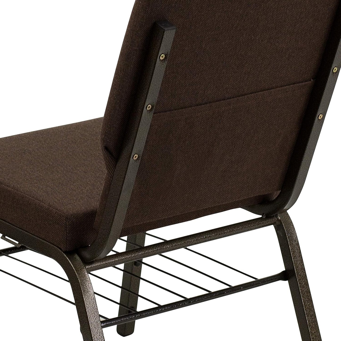 HERCULES Series 18.5''W Church Chair in Brown Fabric with Book Rack - Gold Vein Frame