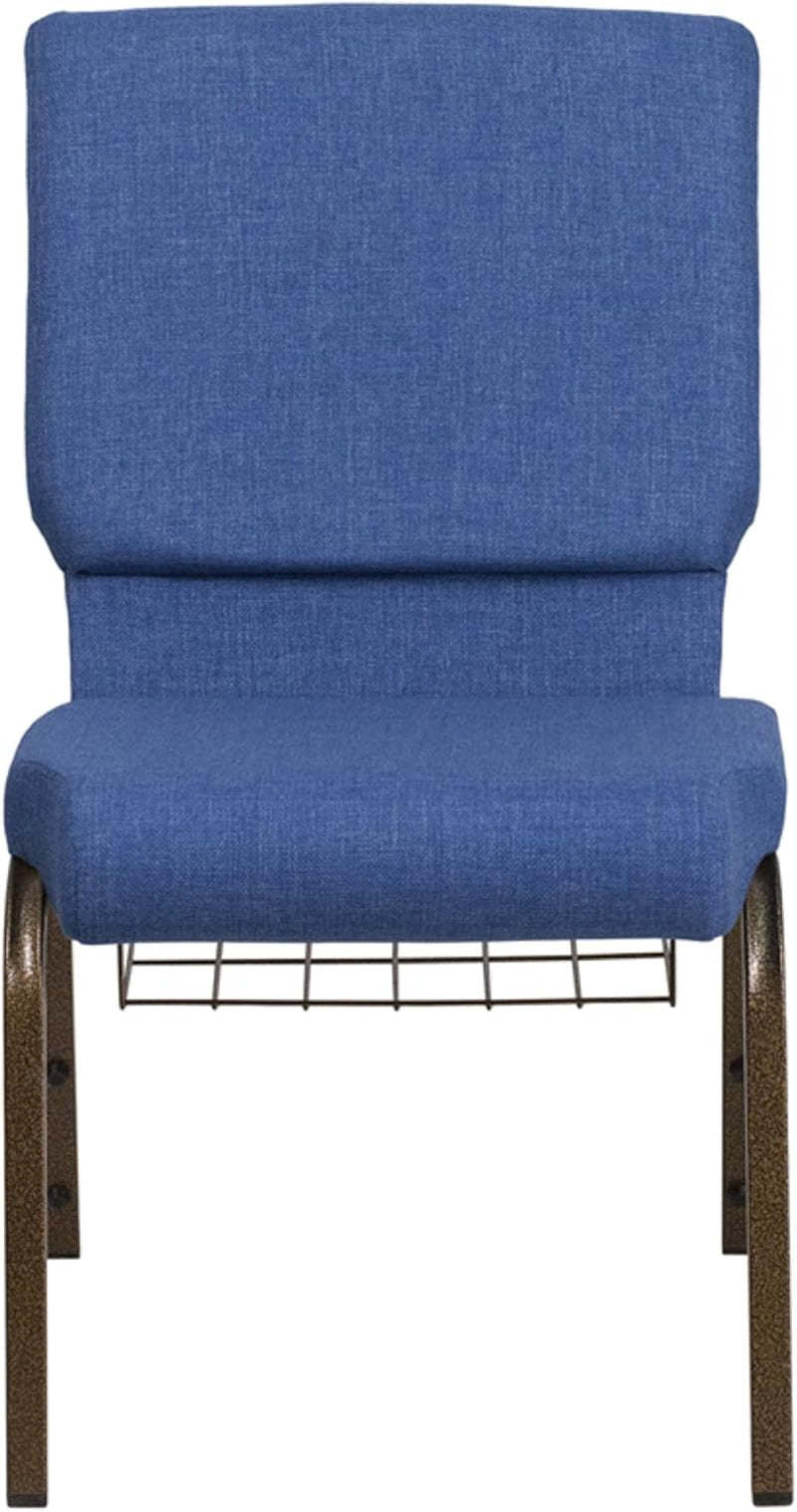 HERCULES Series 18.5''W Church Chair in Blue Fabric with Cup Book Rack - Gold Vein Frame