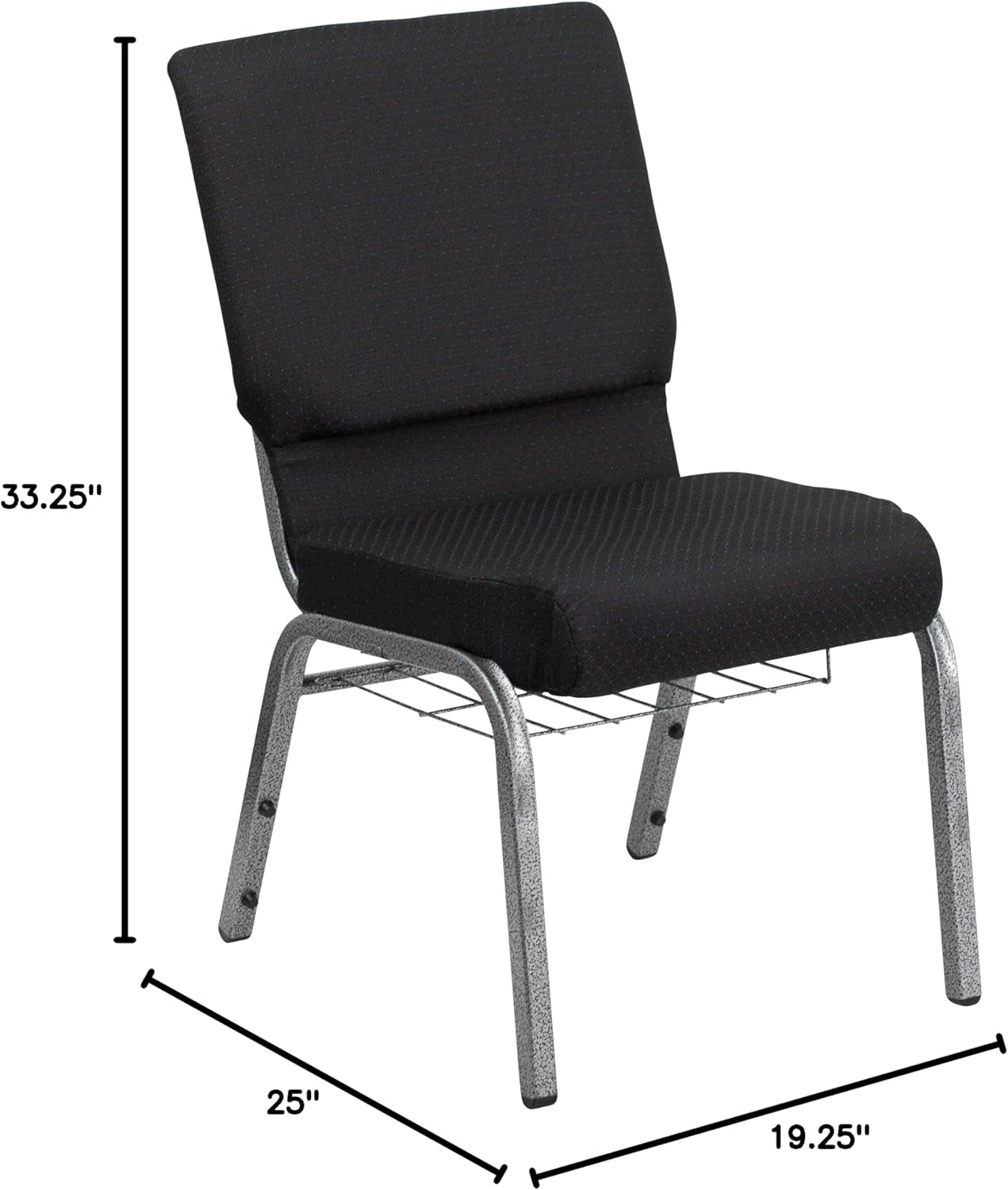 4 Pk. HERCULES Series 18.5''W Church Chair in Black Patterned Fabric with Cup Book Rack - Silver Vein Frame