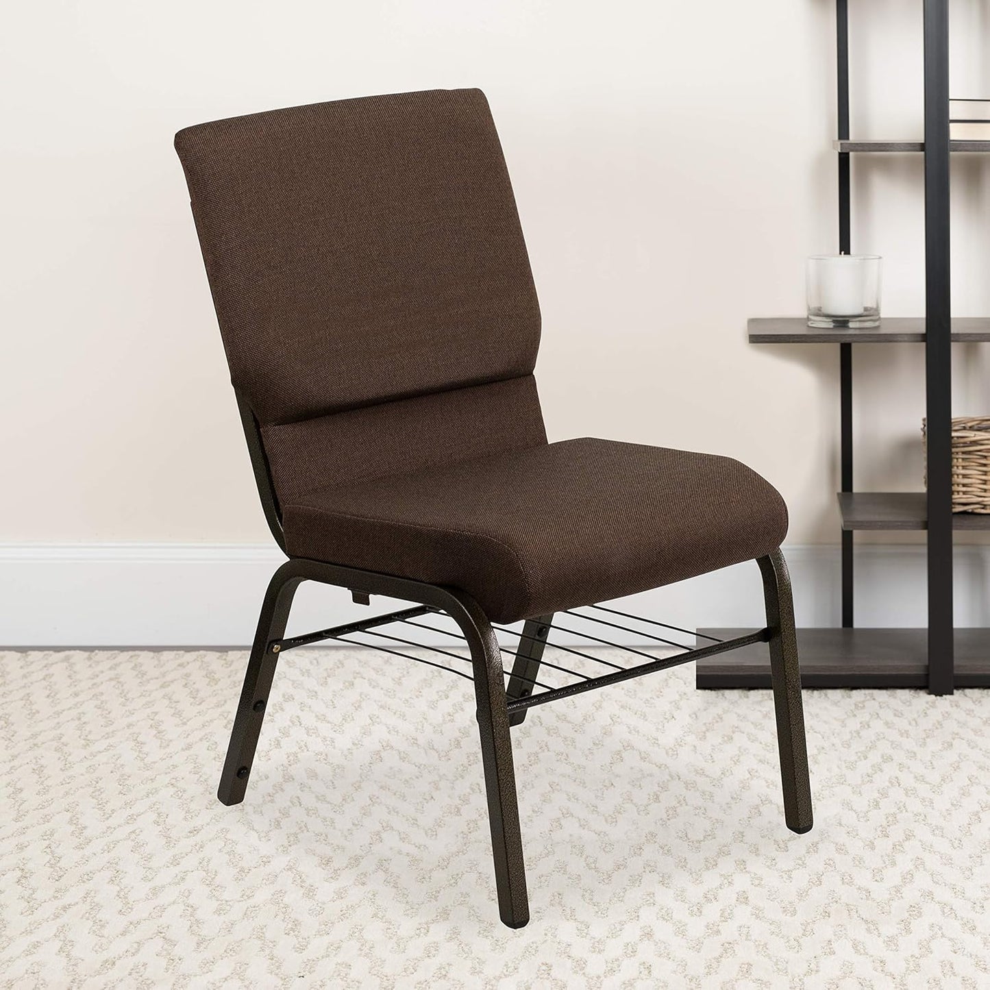 HERCULES Series 18.5''W Church Chair in Brown Fabric with Book Rack - Gold Vein Frame