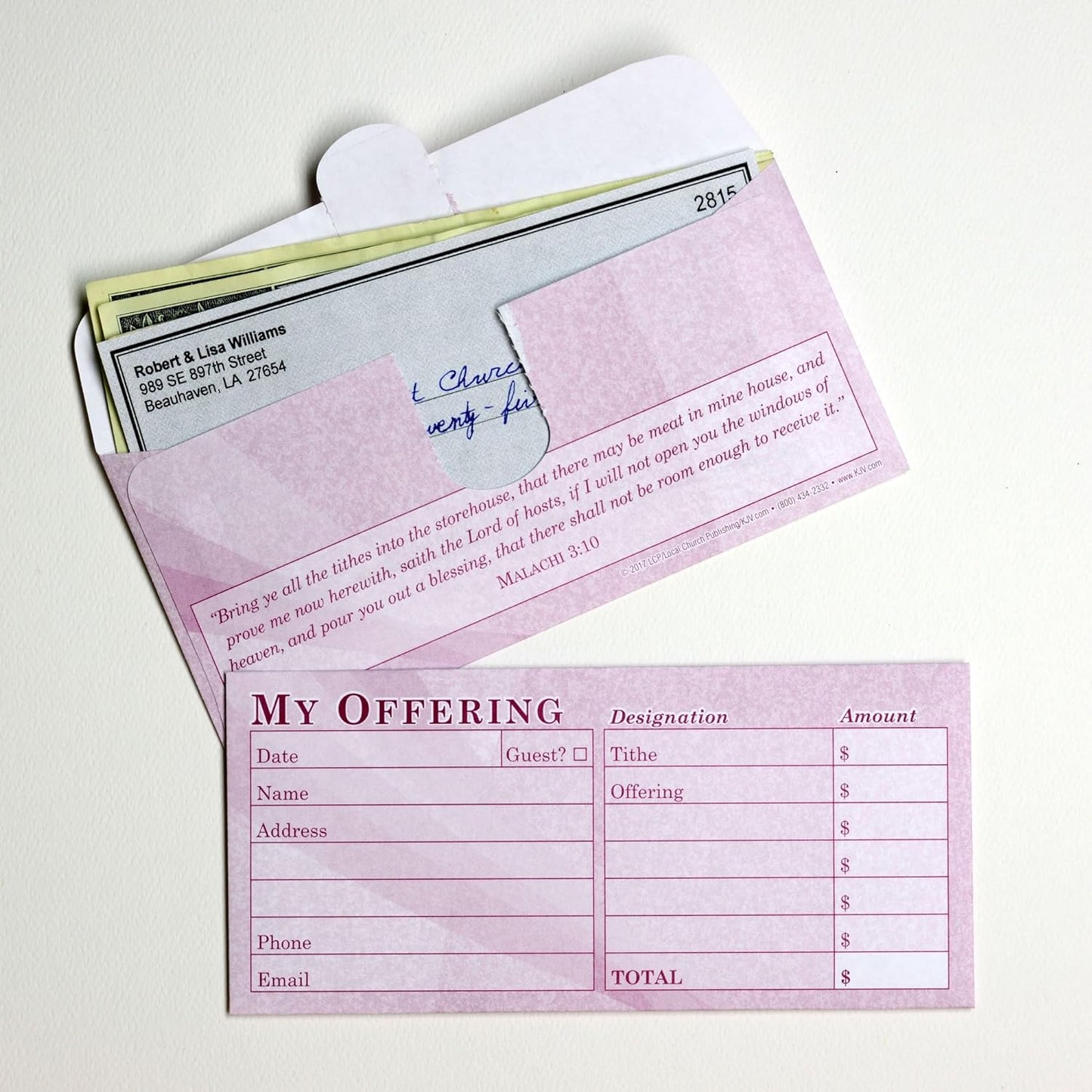 Church Offering/Tithe Donation Envelopes, Simple Design, Easy-Open Tab, Blank Designation Lines, Fits Bills & Checks, Visitor Card/Information Form, Malachi 3:10 KJV Verse - Burgundy - Package of 125