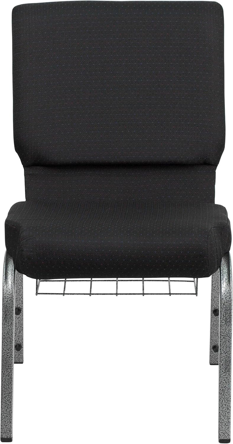 4 Pk. HERCULES Series 18.5''W Church Chair in Black Patterned Fabric with Cup Book Rack - Silver Vein Frame
