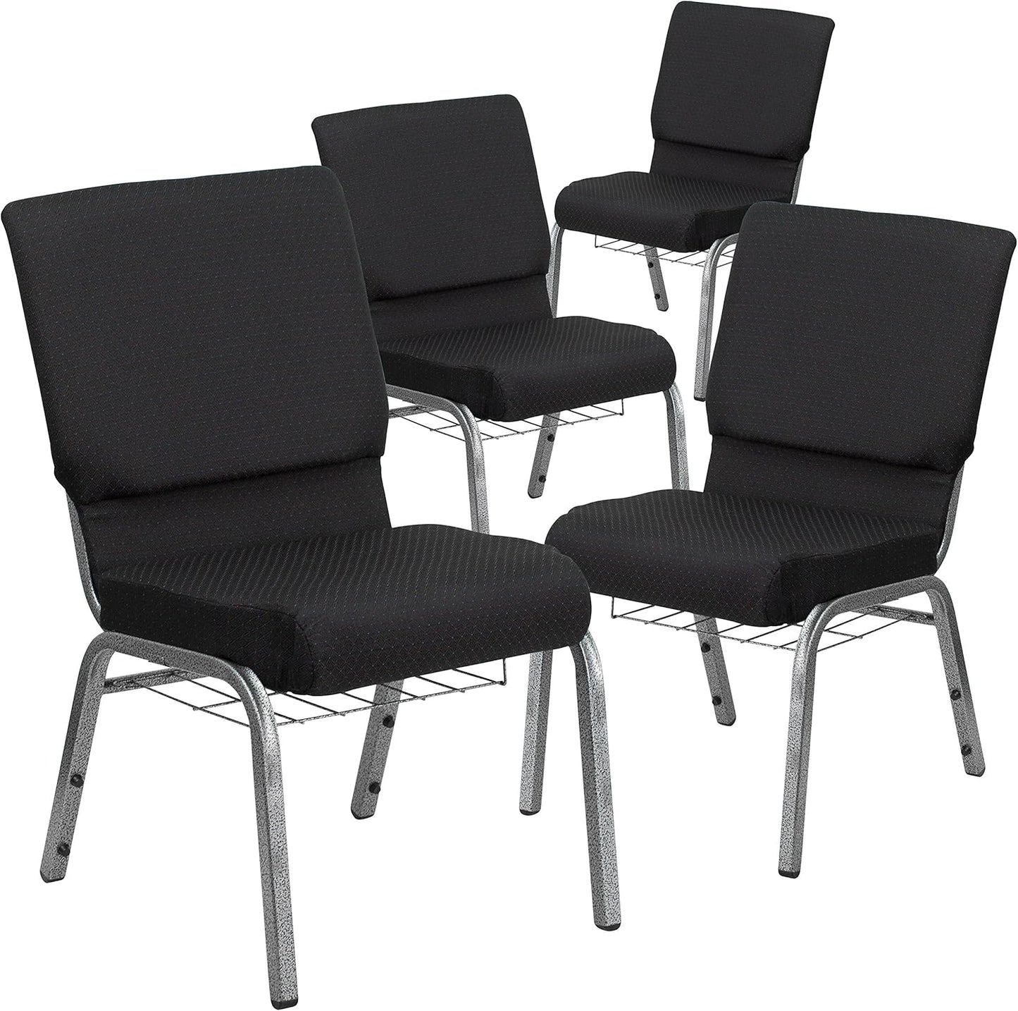 4 Pk. HERCULES Series 18.5''W Church Chair in Black Patterned Fabric with Cup Book Rack - Silver Vein Frame