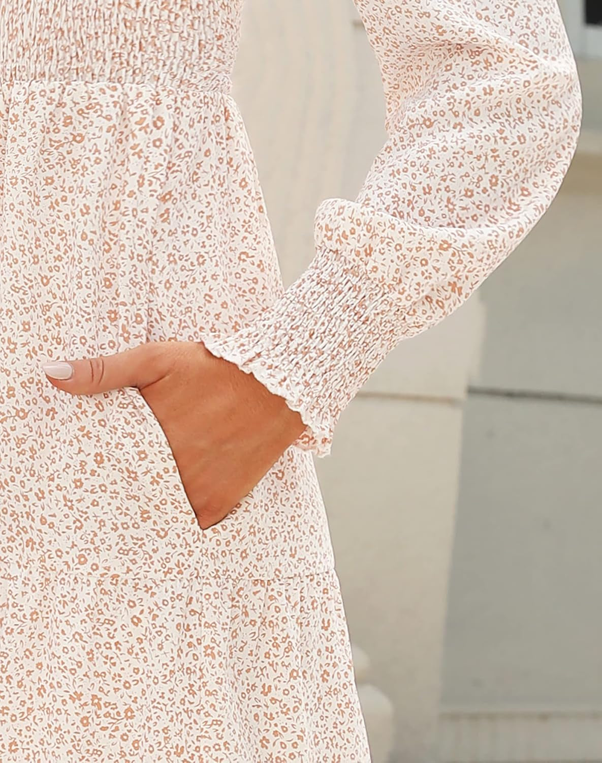 Womens Spring Dresses 2024 Winter Long Sleeve Smocked Bodice and Cuffs Boho Floral Tiered Midi Dress with Pockets