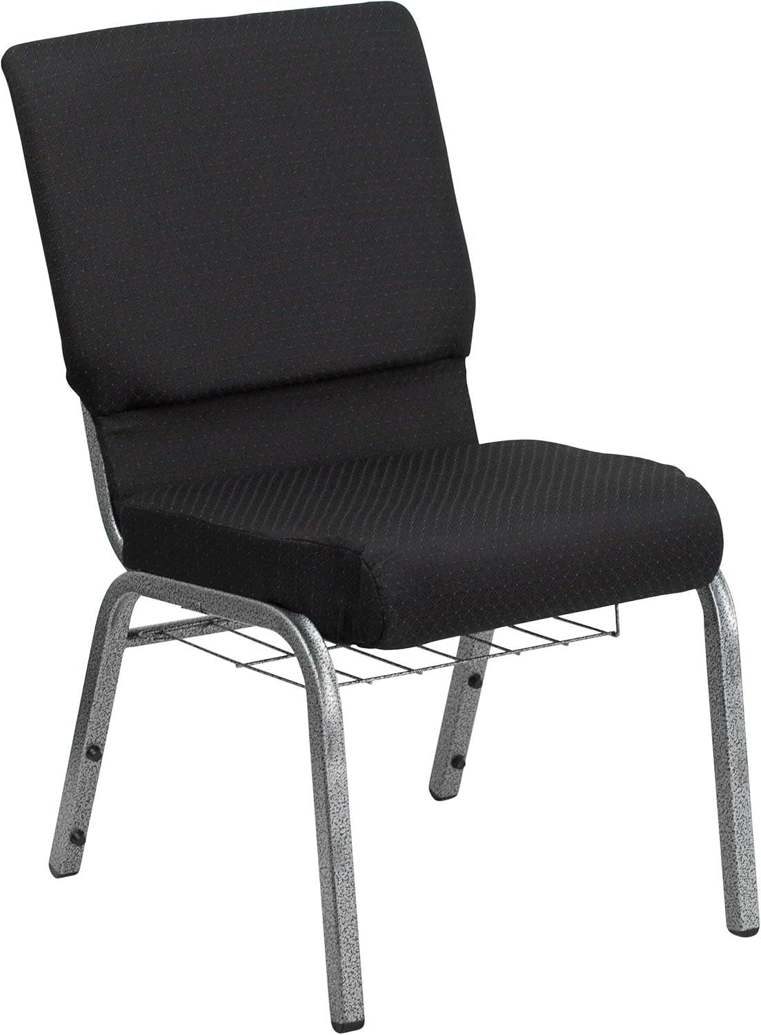 4 Pk. HERCULES Series 18.5''W Church Chair in Black Patterned Fabric with Cup Book Rack - Silver Vein Frame