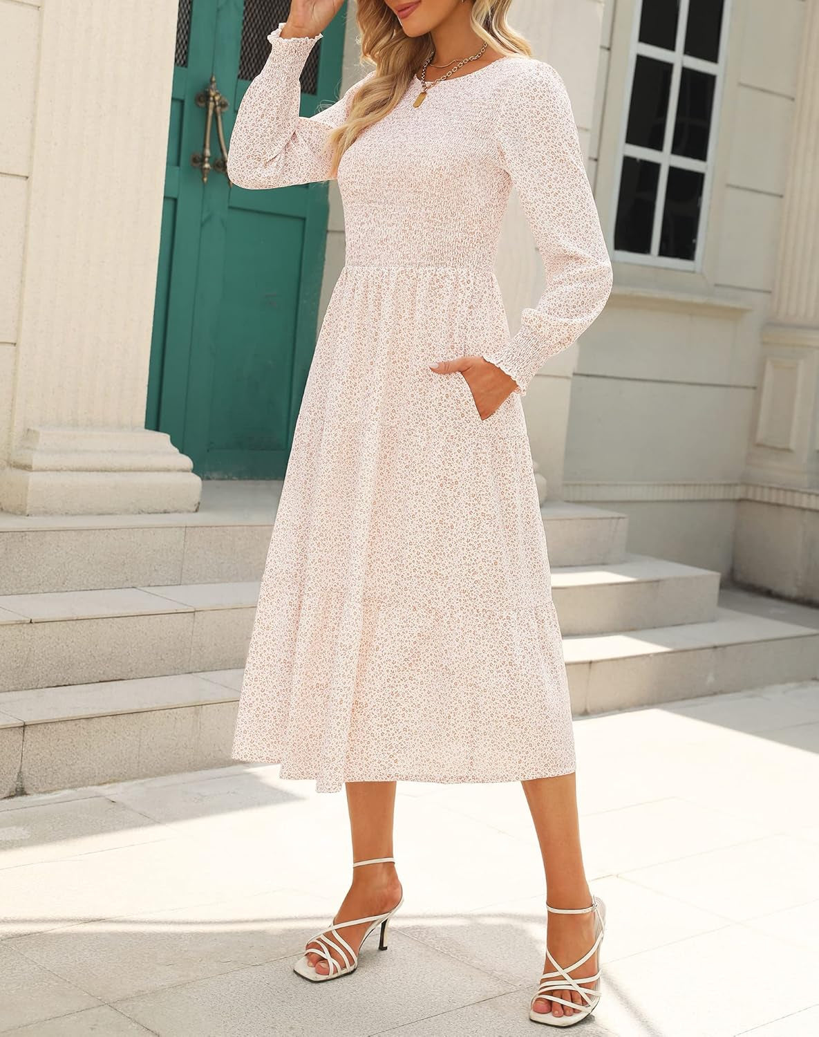 Womens Spring Dresses 2024 Winter Long Sleeve Smocked Bodice and Cuffs Boho Floral Tiered Midi Dress with Pockets
