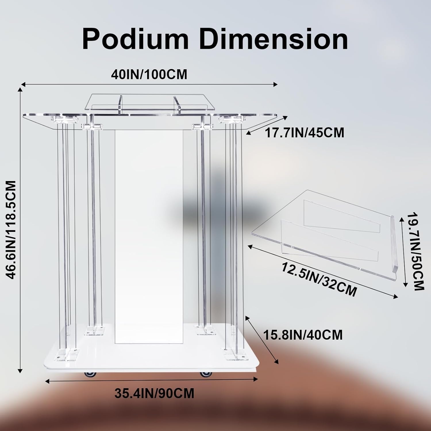 Church Pulpit with Led Lights, 46” Acrylic Pulpits for Churches, Transparent Podium Stand with Wheels& Spacious Reading Platform, Clear Lectern for Speech (40”L*17.7”W *46.6”H)