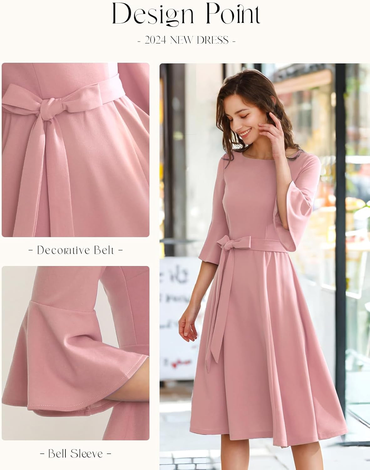 Women'S Elegant Bell Sleeve Cocktail Party Dresses for Wedding Guest Fit and Flare Modest Church Midi Evening Dress