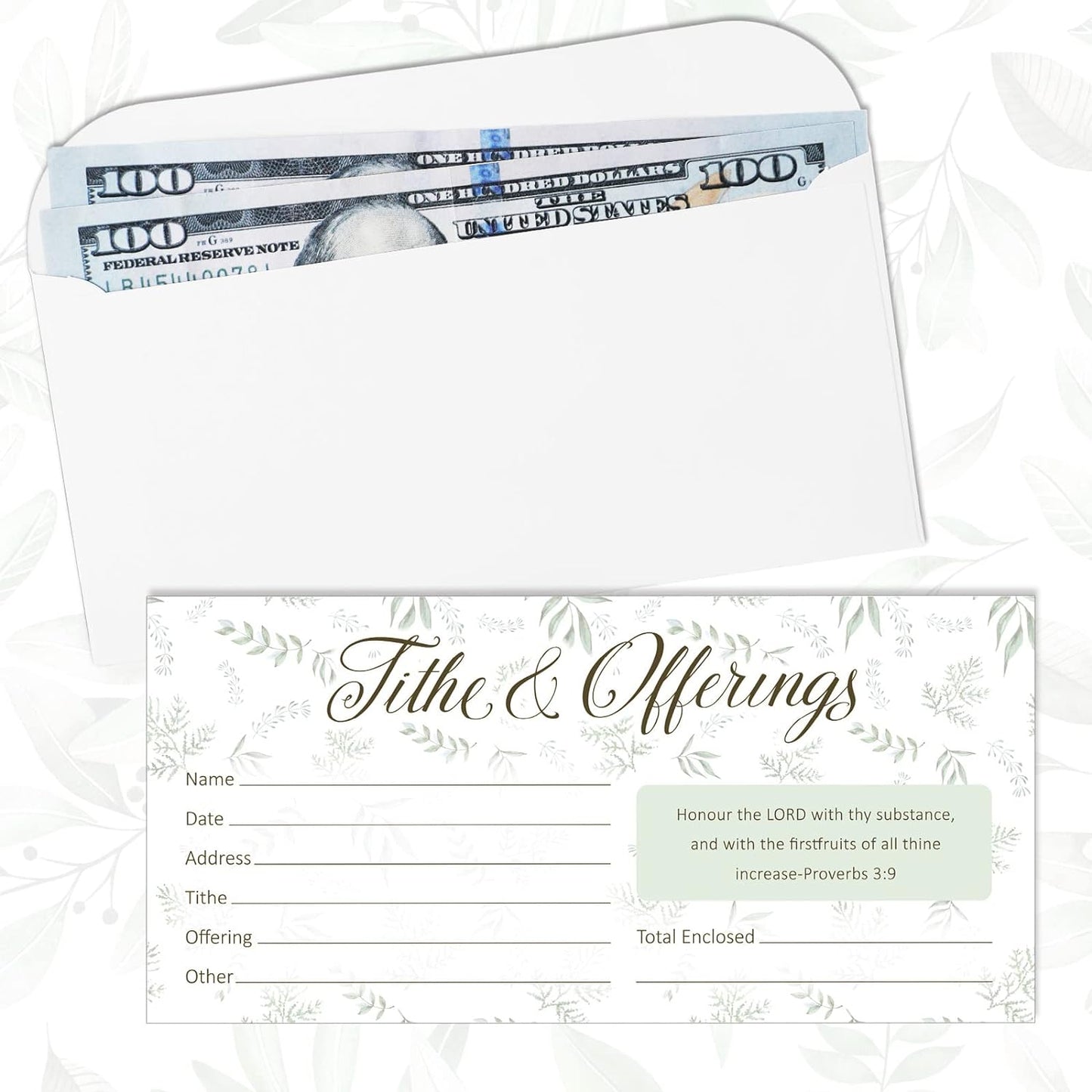 200 Pieces Church Offering Envelopes My Offering Bill Size Envelope Church Offering Tithe Envelopes for Donations, Religious Occasions (Leaves Style)