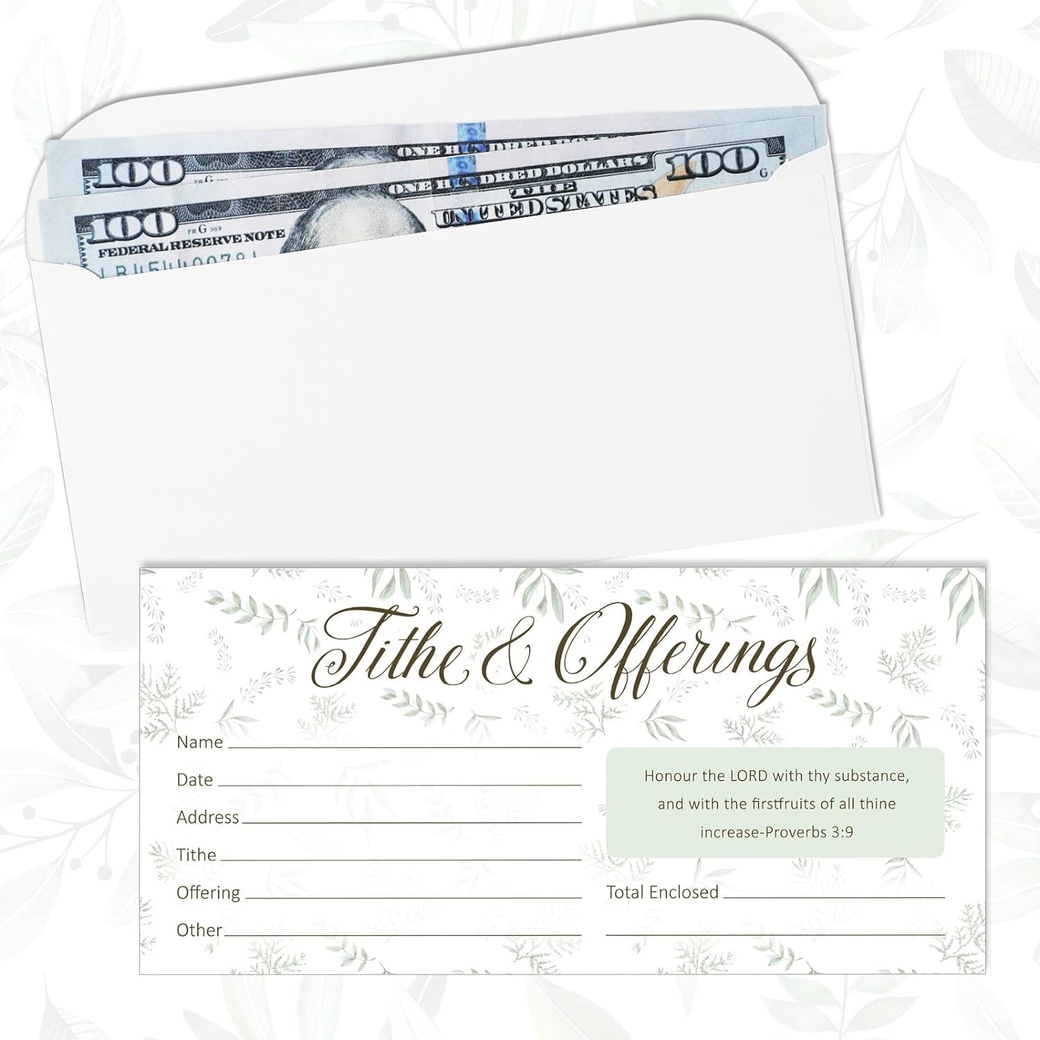 200 Pieces Church Offering Envelopes My Offering Bill Size Envelope Church Offering Tithe Envelopes for Donations, Religious Occasions (Leaves Style)