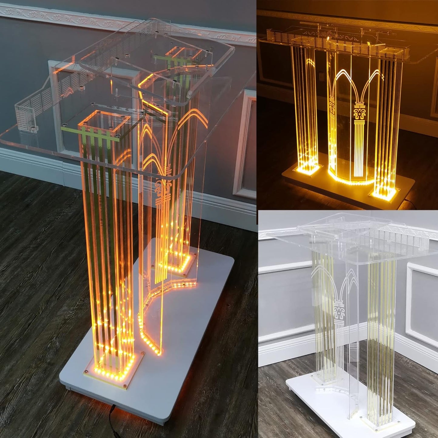 Lectern Podium Stand, Acrylic Pulpit Luxury Church Podium W/Lights, Rolling Podium, S for Churches, Mobile Floor Standing Rolling with Casters, Table Top Podium ?For Communion Wedding Party Gathering