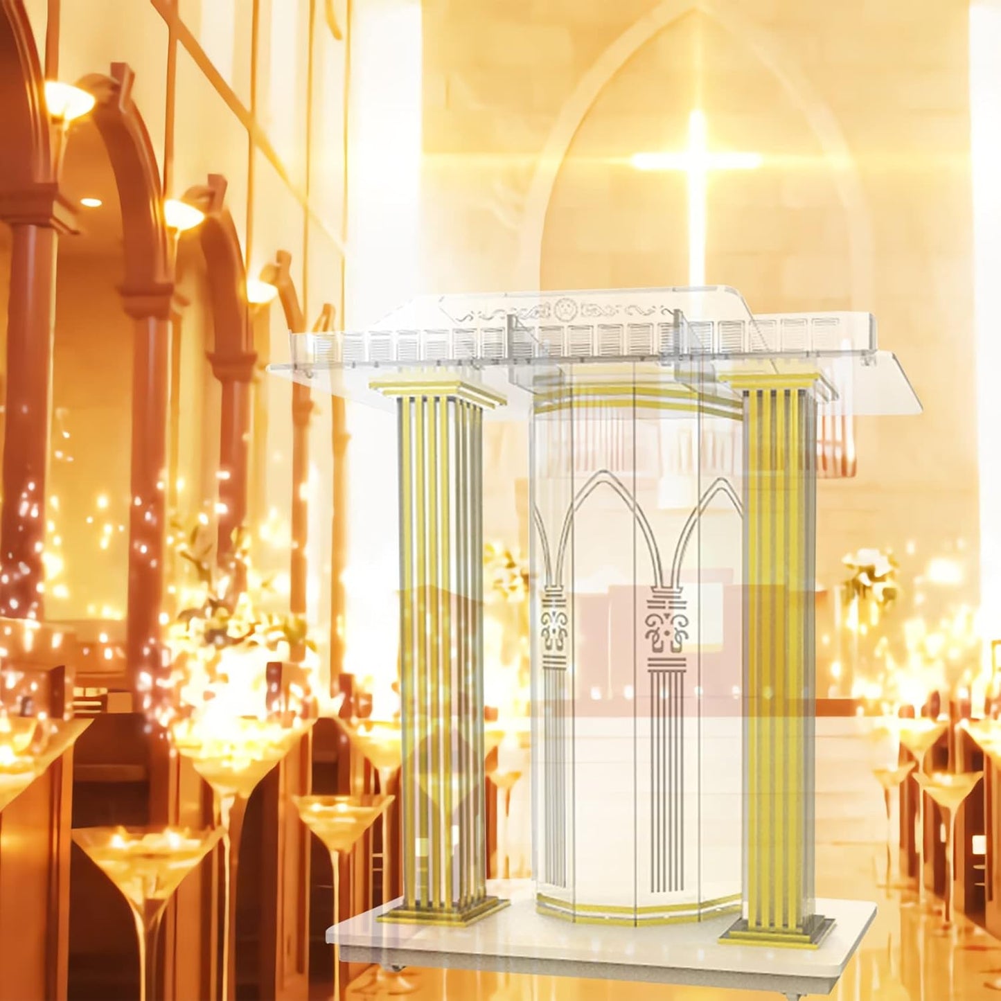 Lectern Podium Stand, Acrylic Pulpit Luxury Church Podium W/Lights, Rolling Podium, S for Churches, Mobile Floor Standing Rolling with Casters, Table Top Podium ?For Communion Wedding Party Gathering