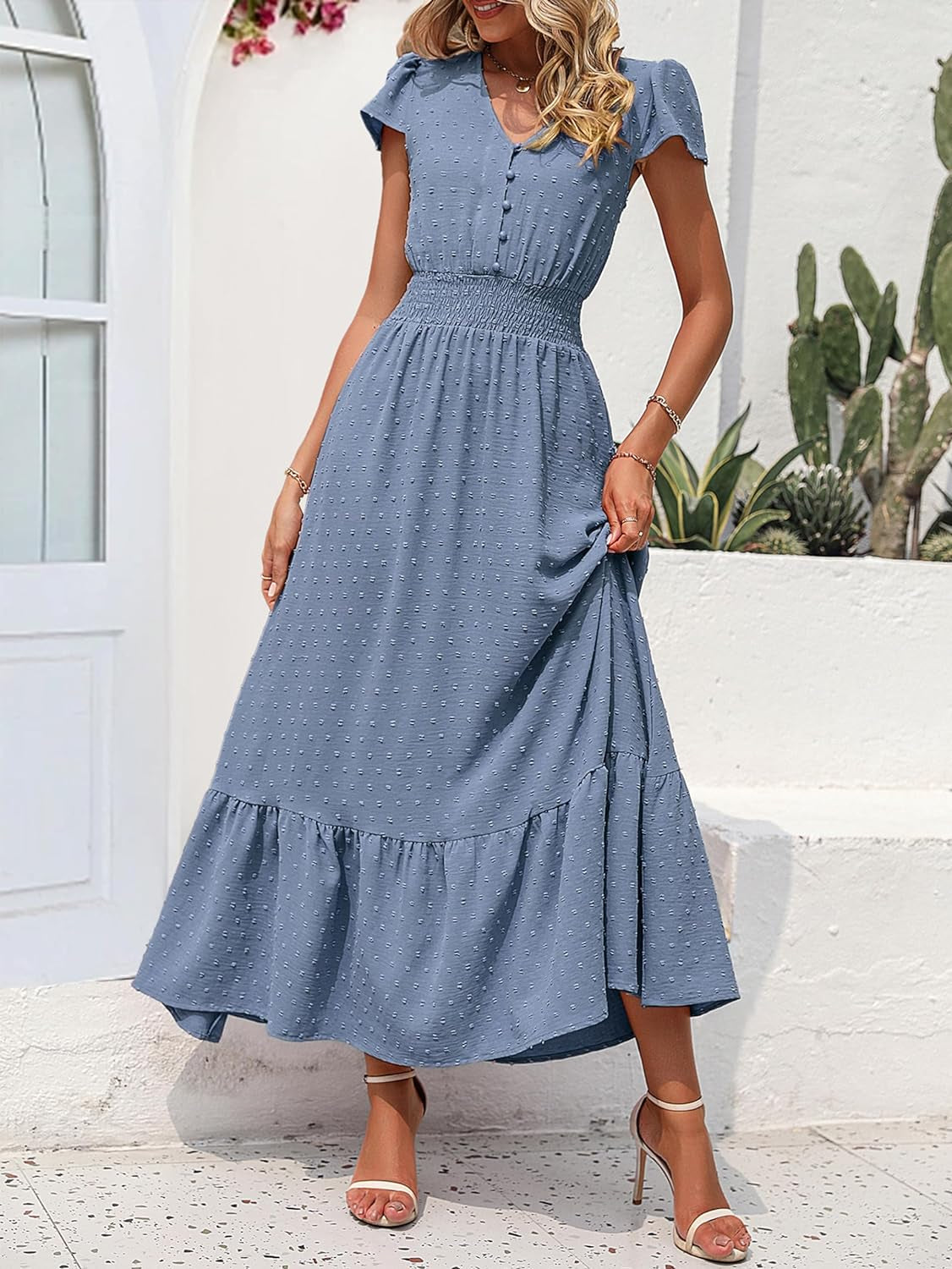 Womens Dresses 2024 Boho Short Sleeve V Neck Swiss Dot Ruffle Tiered Maxi Dress Smocked Long Cocktail Dresses