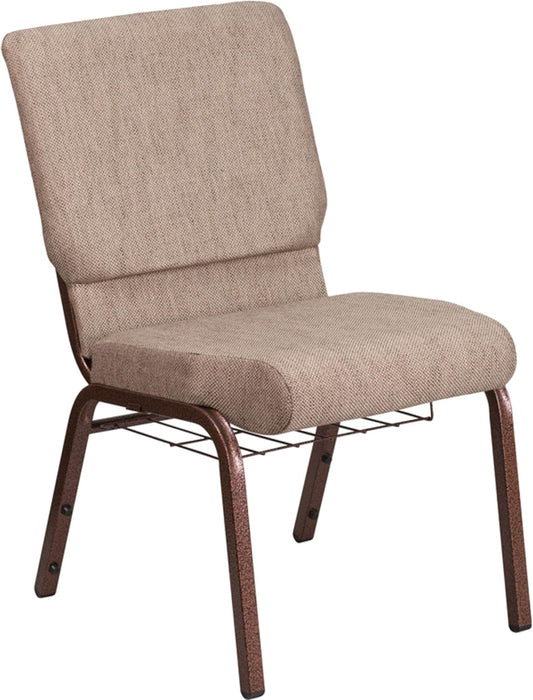 HERCULES Series 18.5''W Church Chair in Beige Fabric with Book Rack - Copper Vein Frame