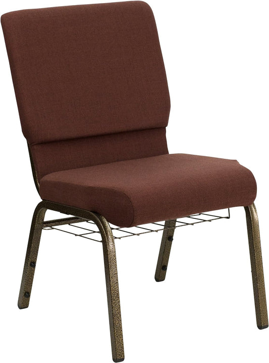 HERCULES Series 18.5''W Church Chair in Brown Fabric with Cup Book Rack - Gold Vein Frame