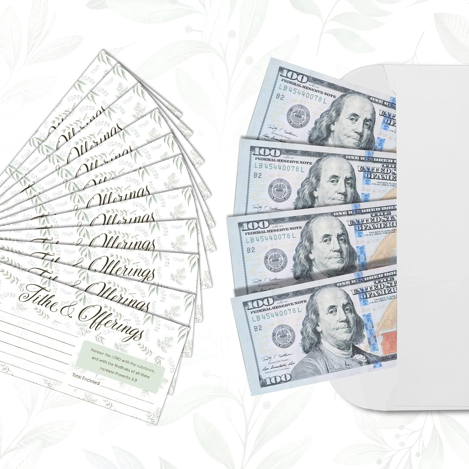 200 Pieces Church Offering Envelopes My Offering Bill Size Envelope Church Offering Tithe Envelopes for Donations, Religious Occasions (Leaves Style)