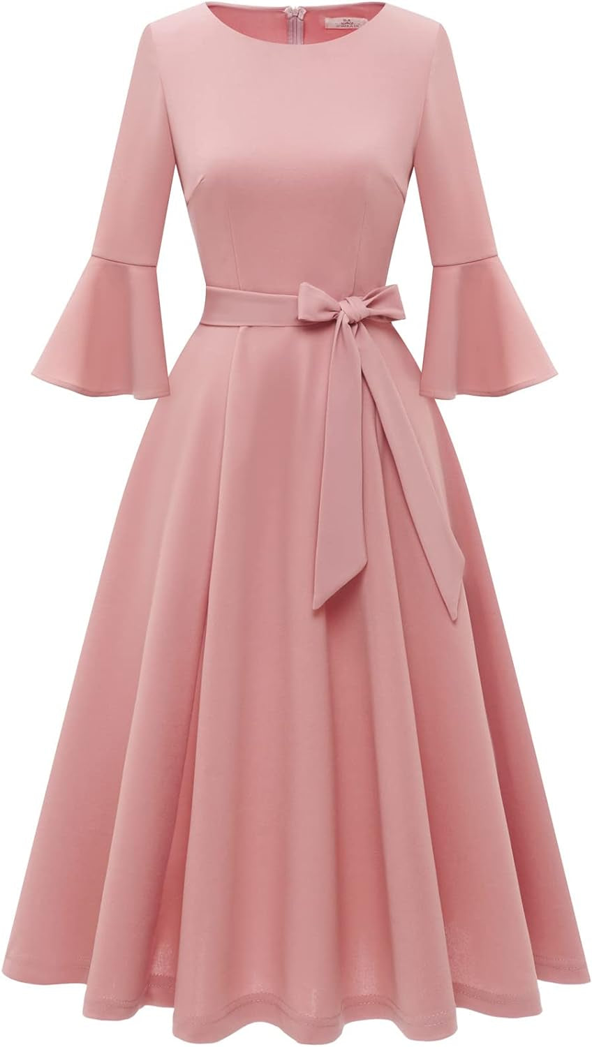 Women'S Elegant Bell Sleeve Cocktail Party Dresses for Wedding Guest Fit and Flare Modest Church Midi Evening Dress