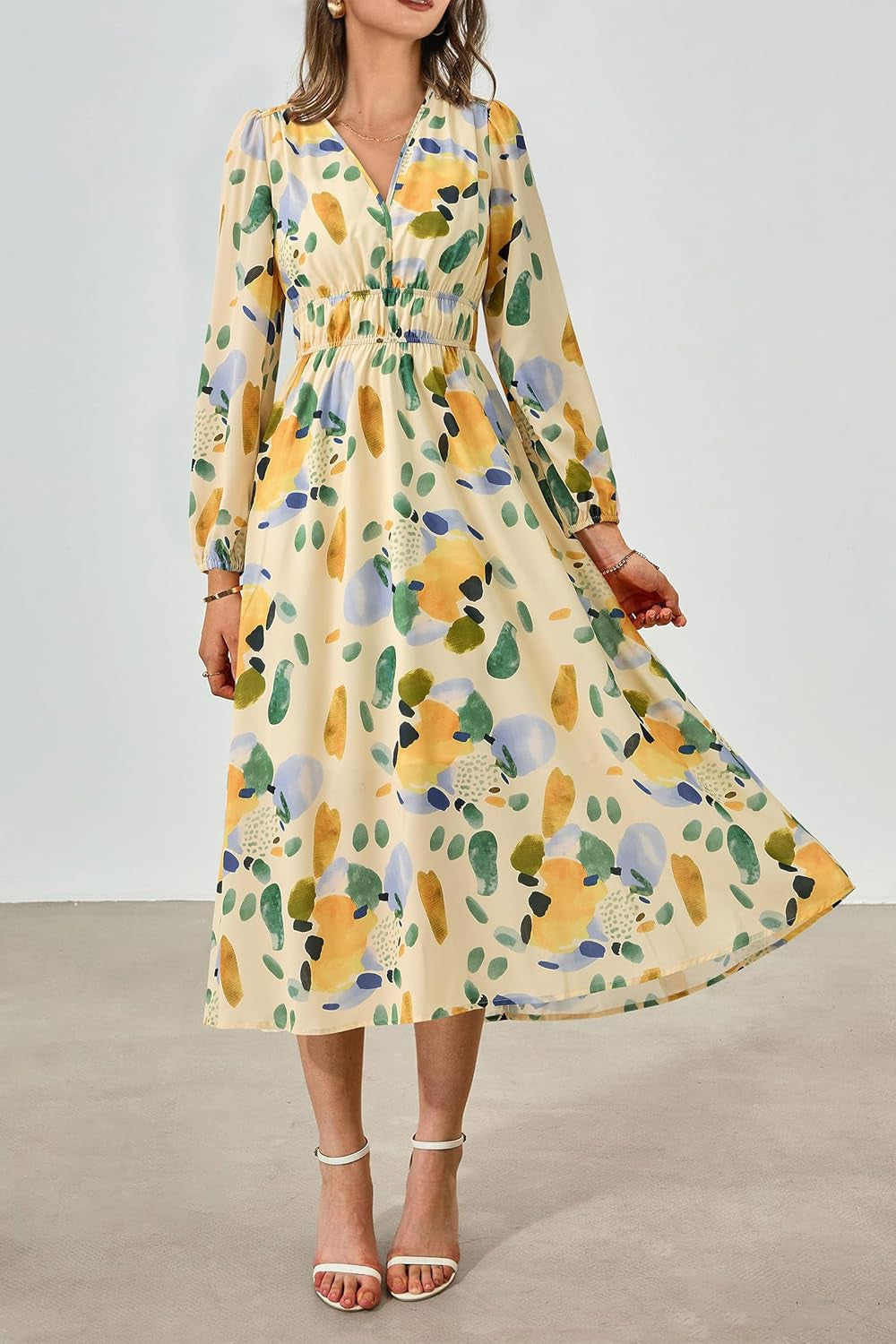 Women'S 2024 Fall Boho Maxi Dress Casual Long Sleeve V Neck Printed Beach Long Flowy Dresses