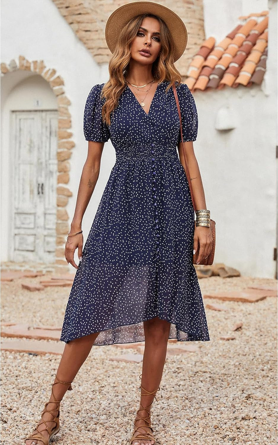 Women'S Floral Wrap V-Neck Midi Dress Short Sleeve Boho Summer Beach Long Dress High Low Hem Smocked Dress Women