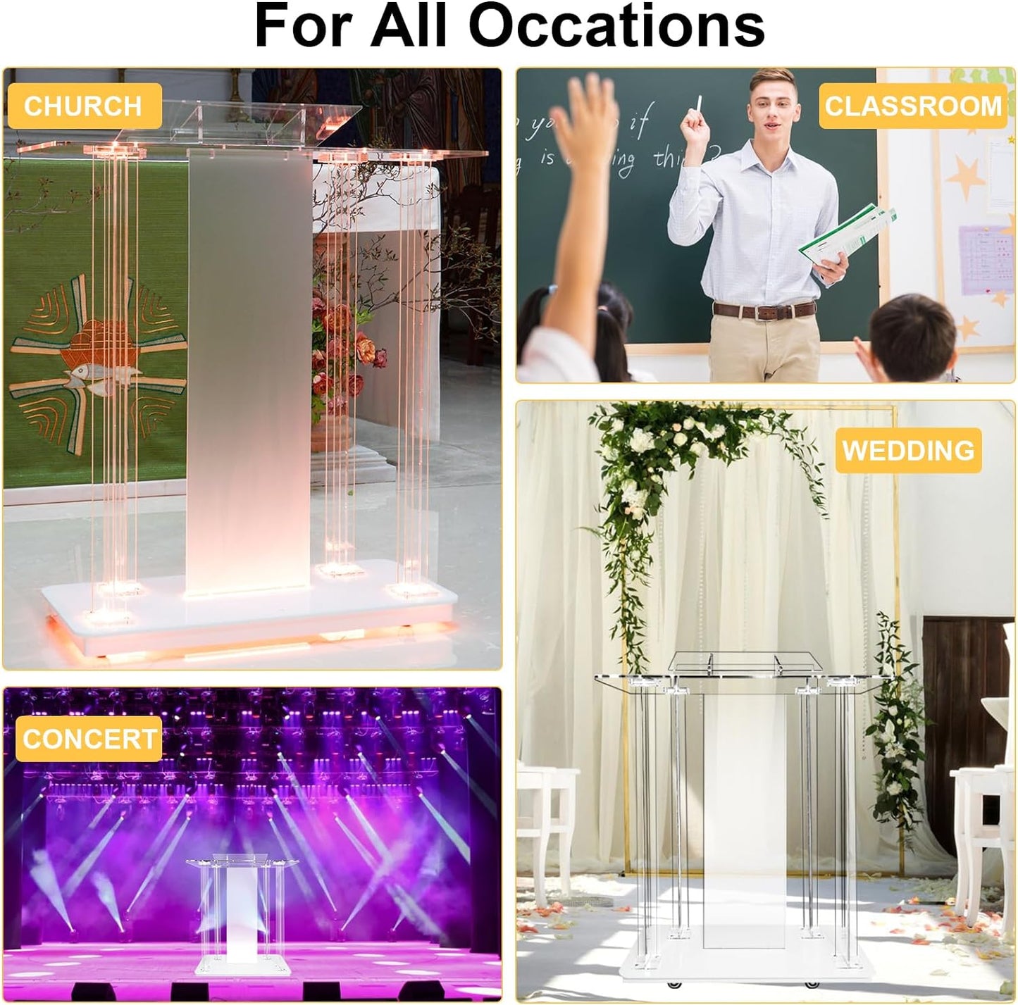 Church Pulpit with Led Lights, 46” Acrylic Pulpits for Churches, Transparent Podium Stand with Wheels& Spacious Reading Platform, Clear Lectern for Speech (40”L*17.7”W *46.6”H)
