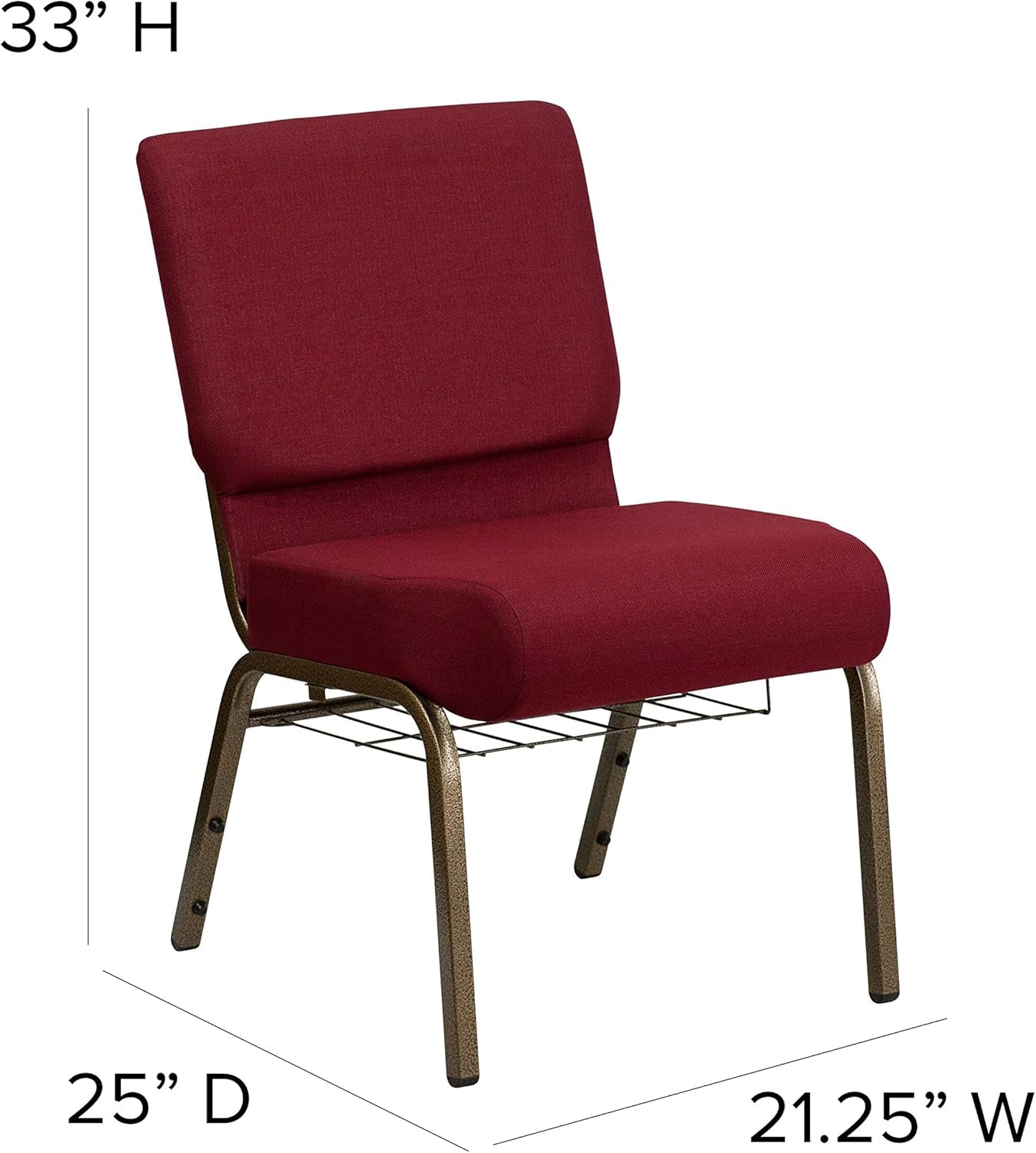 HERCULES Series 21''W Church Chair in Burgundy Fabric with Cup Book Rack - Gold Vein Frame