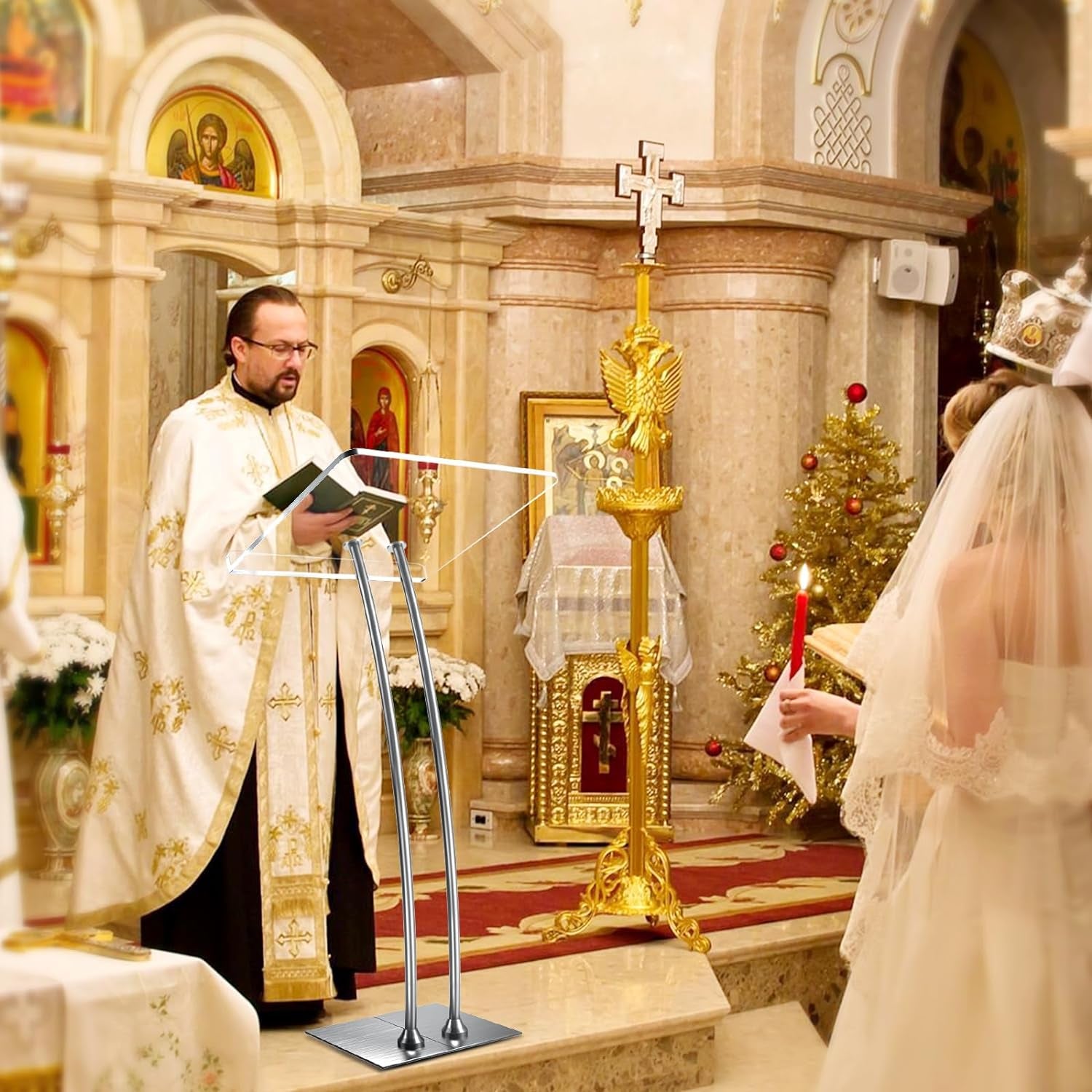 Acrylic Podium Lectern with Iron Stable Bottom, Pulpits for Churches with 10MM Thickened Acrylic Countertop, Multi Function Pulpit for Modern Classroom Music Concert Wedding Conference Event