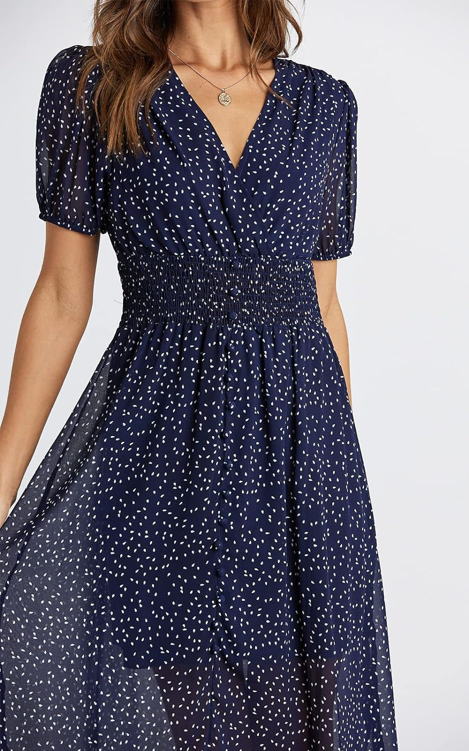 Women'S Floral Wrap V-Neck Midi Dress Short Sleeve Boho Summer Beach Long Dress High Low Hem Smocked Dress Women