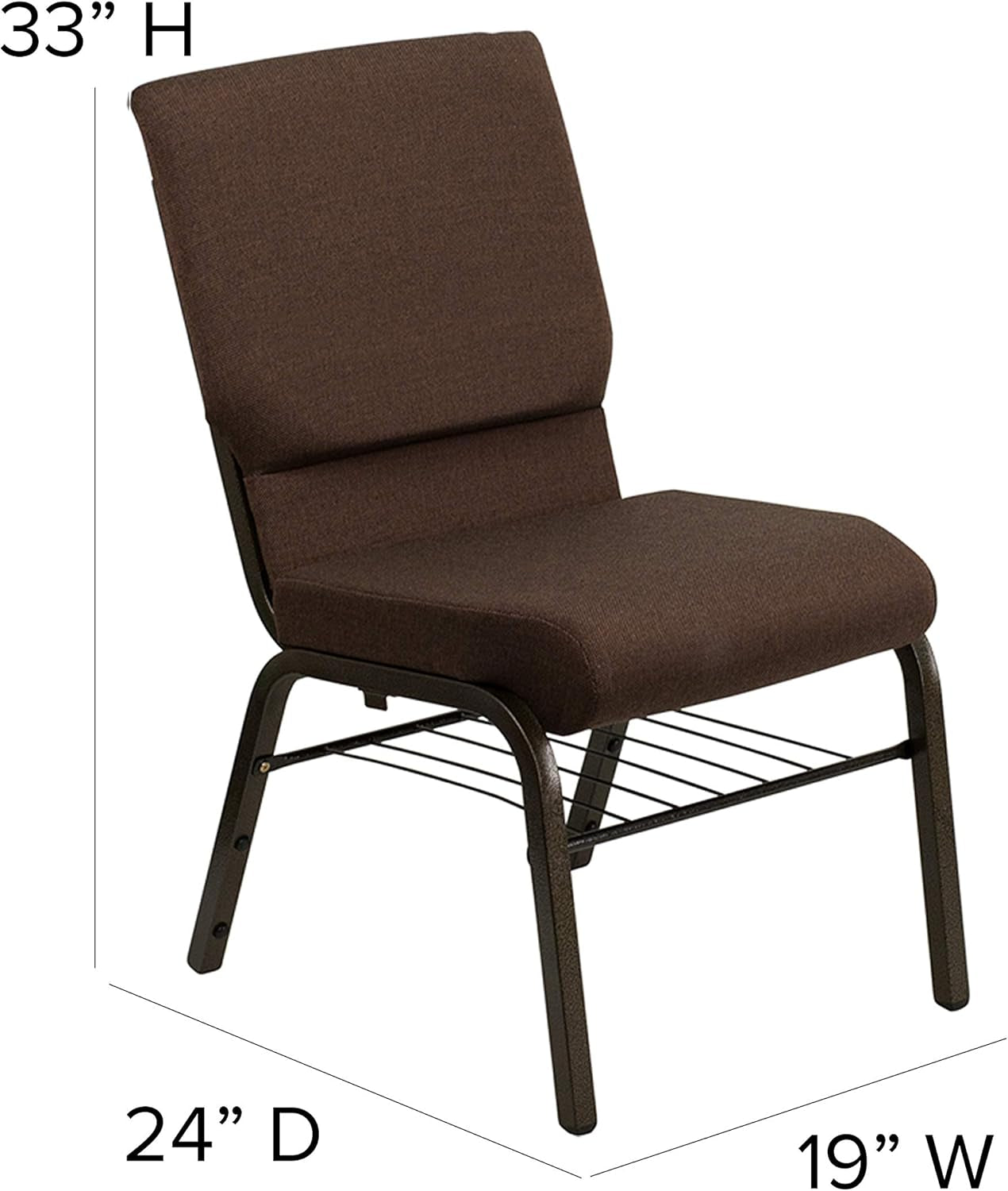 HERCULES Series 18.5''W Church Chair in Brown Fabric with Book Rack - Gold Vein Frame