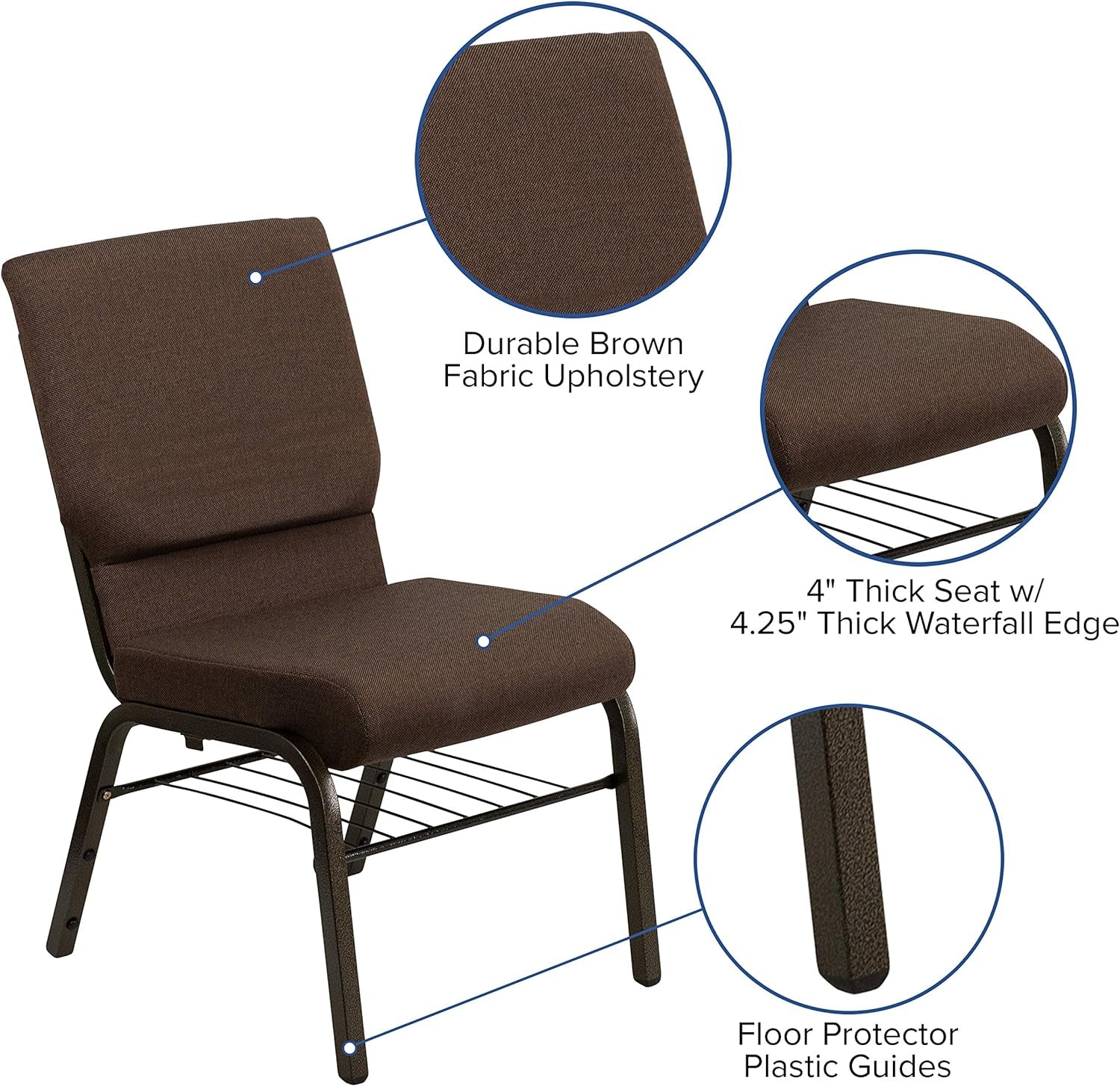 HERCULES Series 18.5''W Church Chair in Brown Fabric with Book Rack - Gold Vein Frame