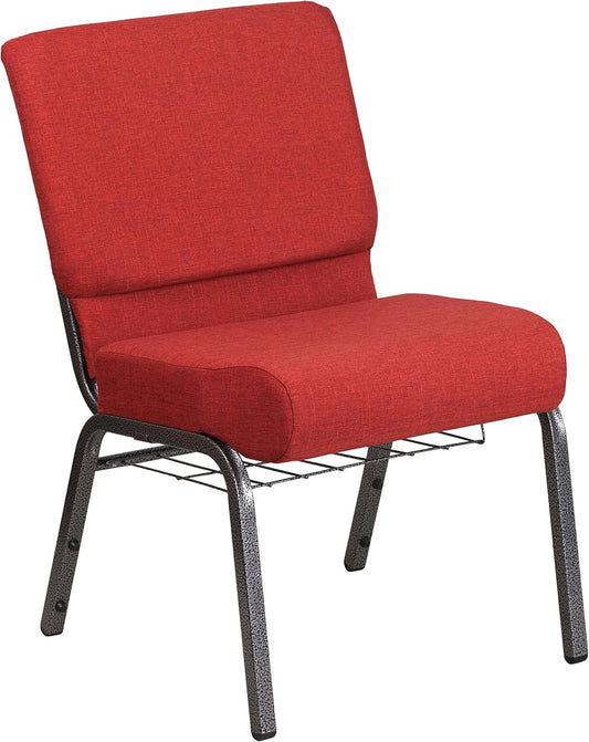 HERCULES Series 21''W Church Chair in Crimson Fabric with Cup Book Rack - Silver Vein Frame