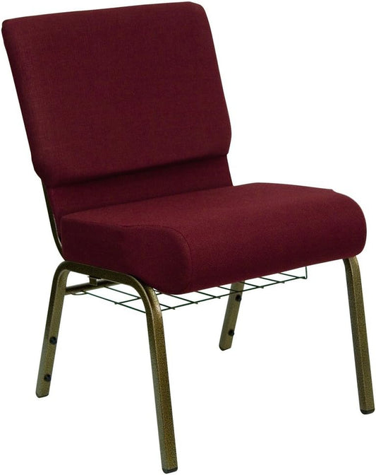 HERCULES Series 21''W Church Chair in Burgundy Fabric with Cup Book Rack - Gold Vein Frame