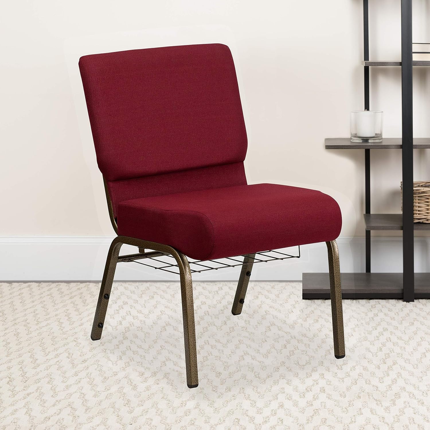 HERCULES Series 21''W Church Chair in Burgundy Fabric with Cup Book Rack - Gold Vein Frame