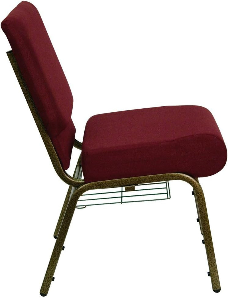 HERCULES Series 21''W Church Chair in Burgundy Fabric with Cup Book Rack - Gold Vein Frame