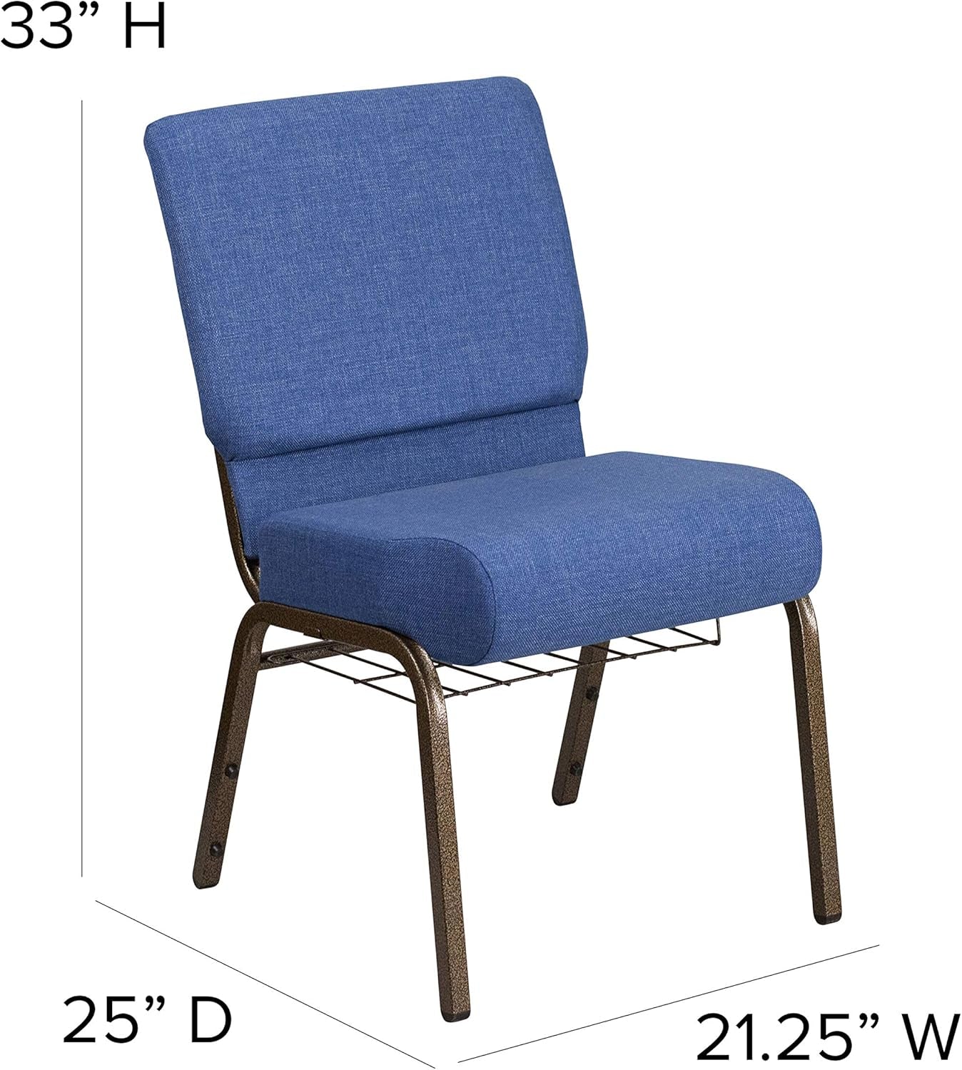 HERCULES Series 21''W Church Chair in Blue Fabric with Cup Book Rack - Gold Vein Frame