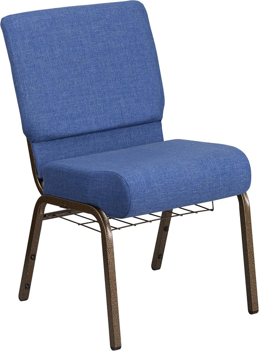 HERCULES Series 21''W Church Chair in Blue Fabric with Cup Book Rack - Gold Vein Frame