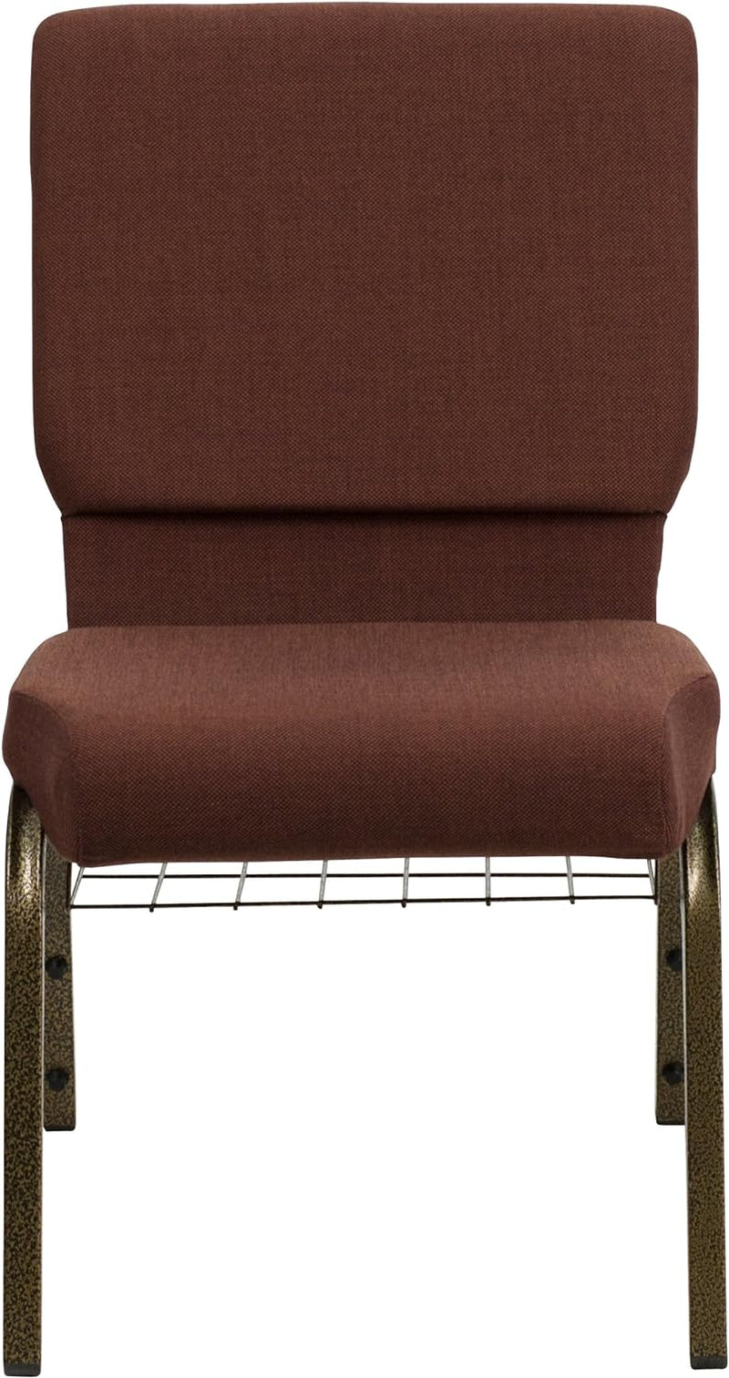 HERCULES Series 18.5''W Church Chair in Brown Fabric with Cup Book Rack - Gold Vein Frame