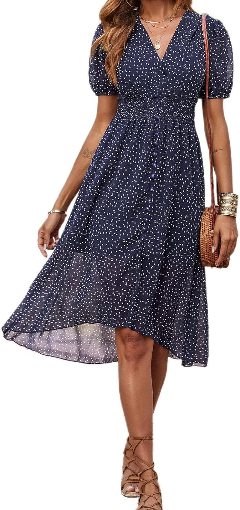 Women'S Floral Wrap V-Neck Midi Dress Short Sleeve Boho Summer Beach Long Dress High Low Hem Smocked Dress Women