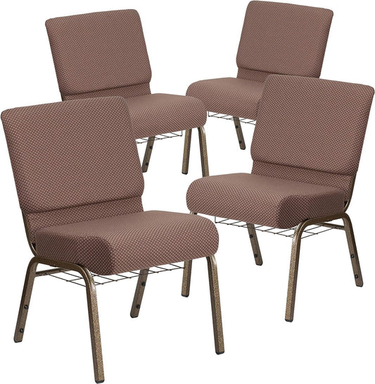 4 Pack HERCULES Series 21''W Church Chair in Brown Dot Fabric with Book Rack - Gold Vein Frame