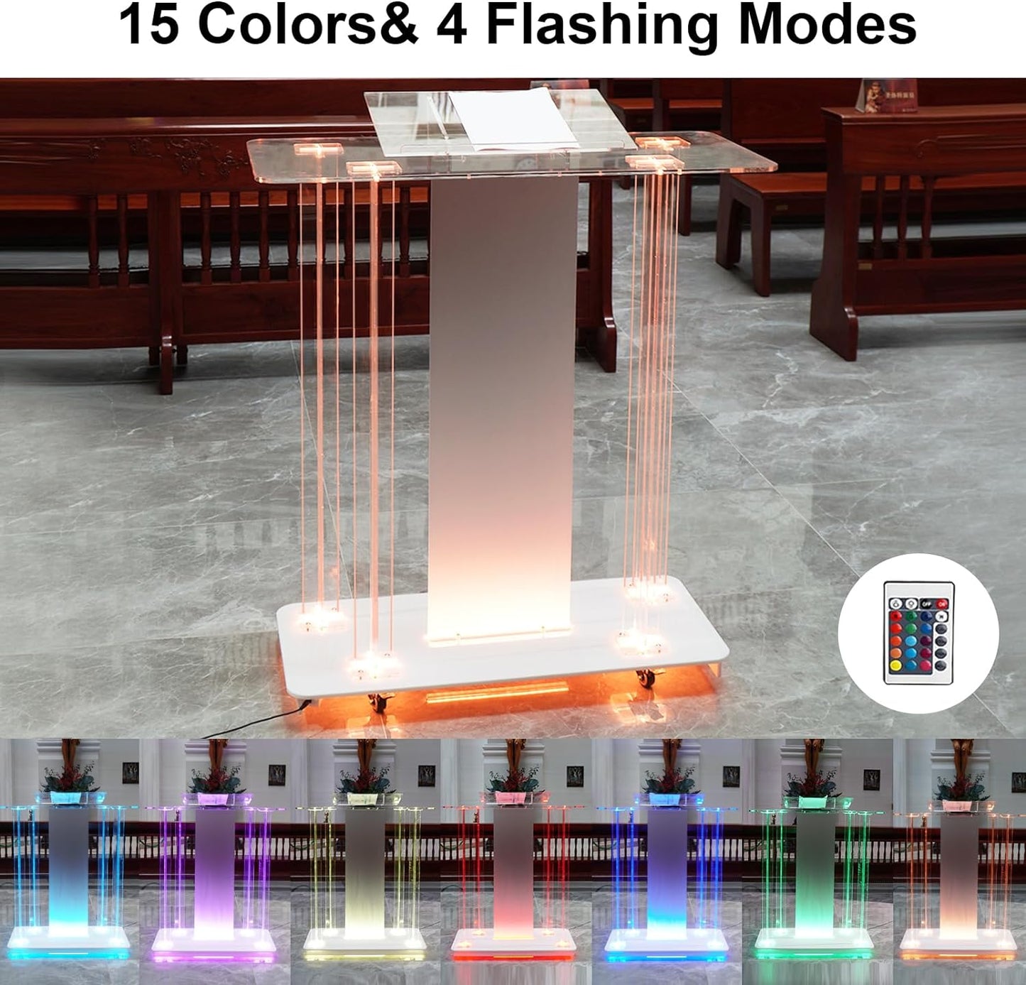 Church Pulpit with Led Lights, 46” Acrylic Pulpits for Churches, Transparent Podium Stand with Wheels& Spacious Reading Platform, Clear Lectern for Speech (40”L*17.7”W *46.6”H)